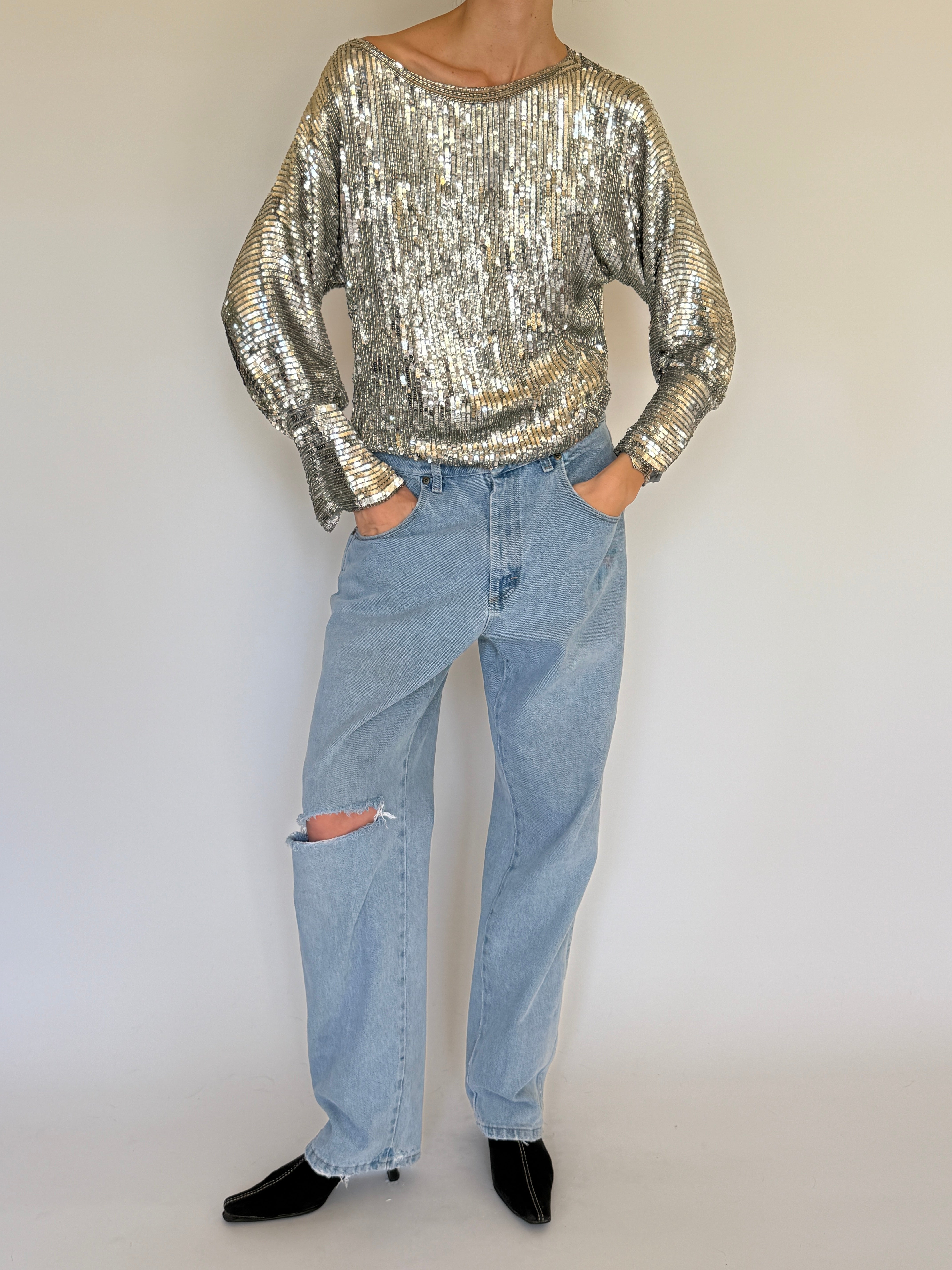 Vintage silver sequin long sleeve top front view