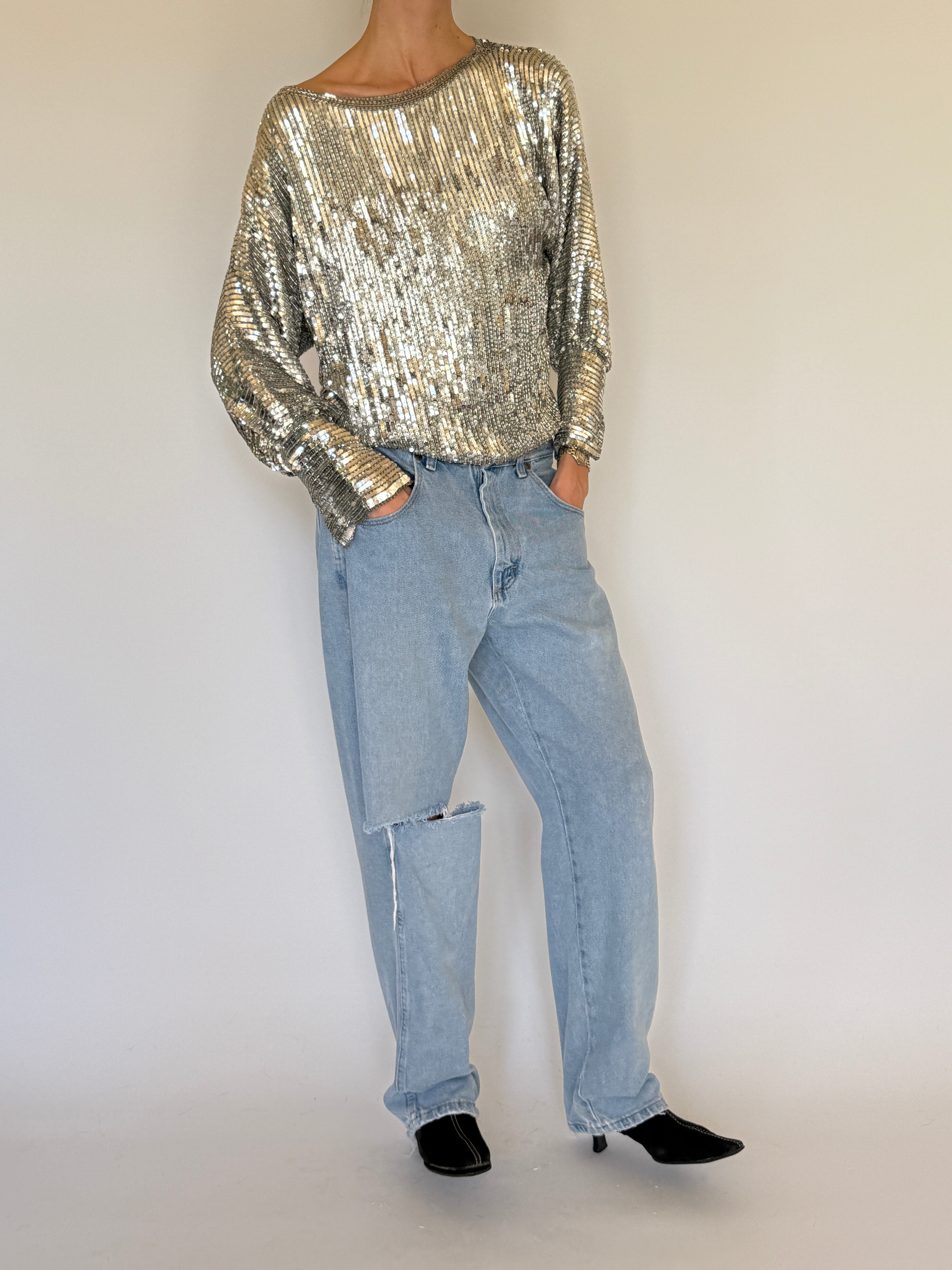 Vintage silver sequin long sleeve top draped silhouette detail