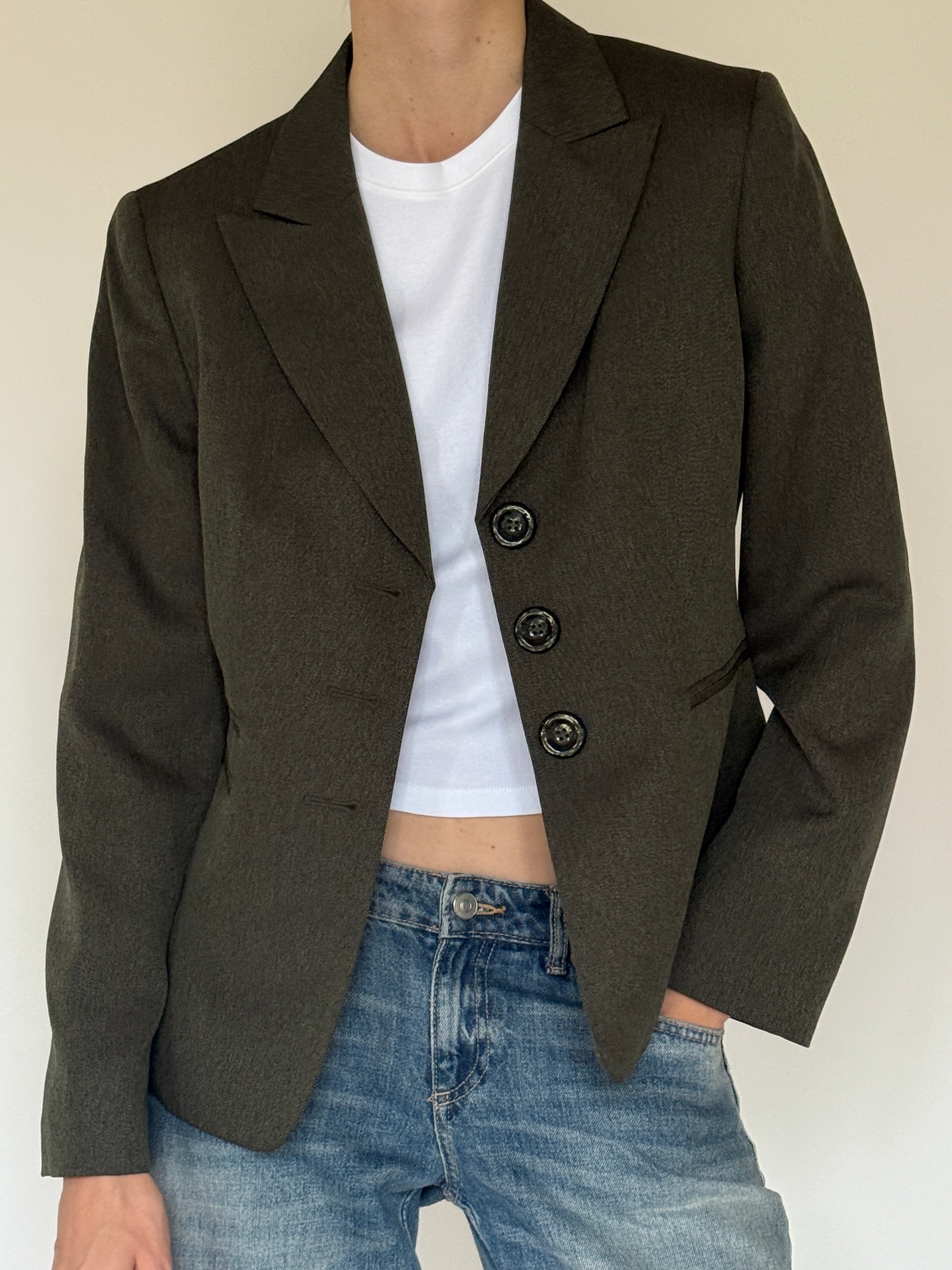 Vintage green and black herringbone blazer front view