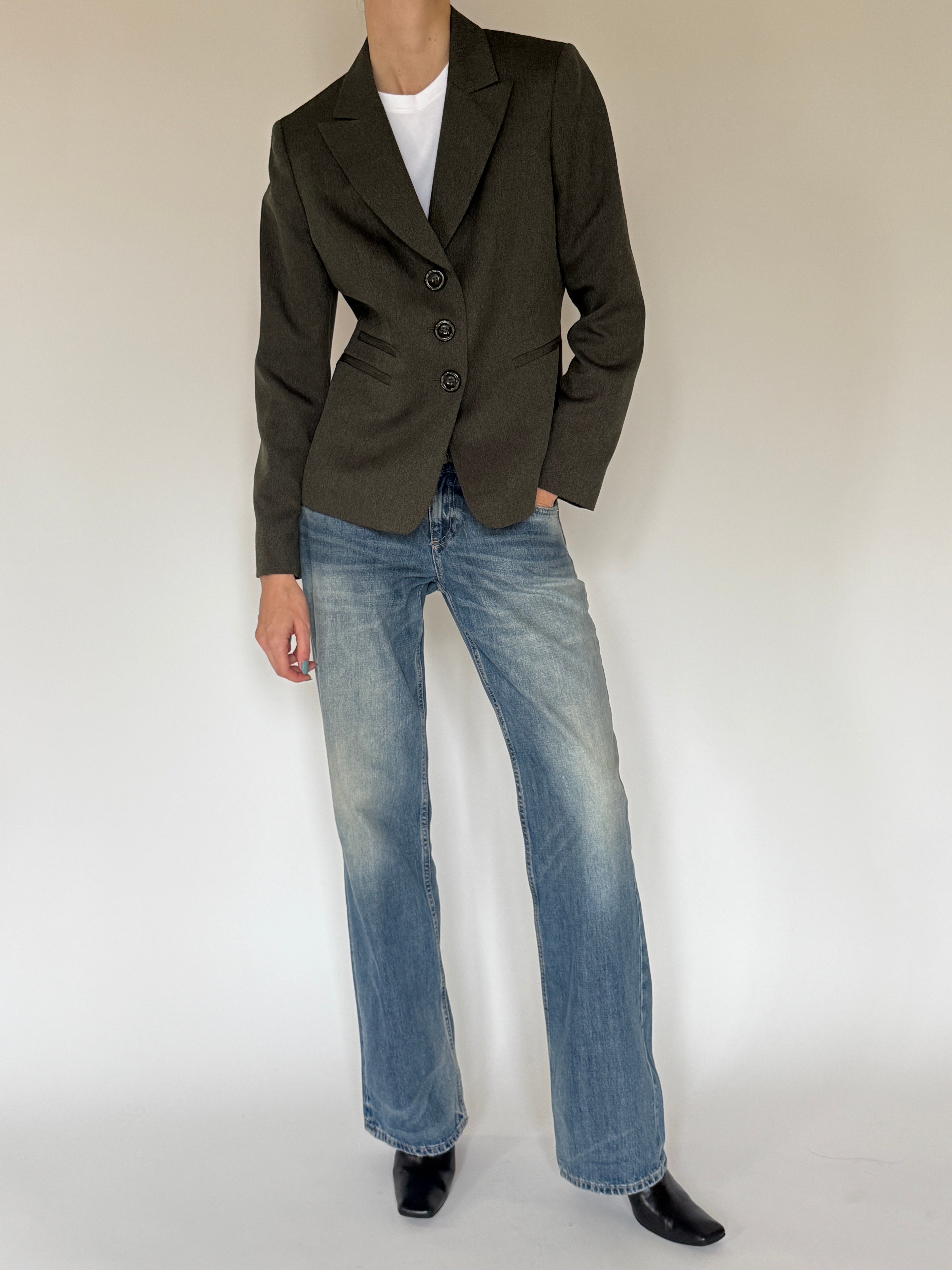 Vintage green and black herringbone blazer front view
