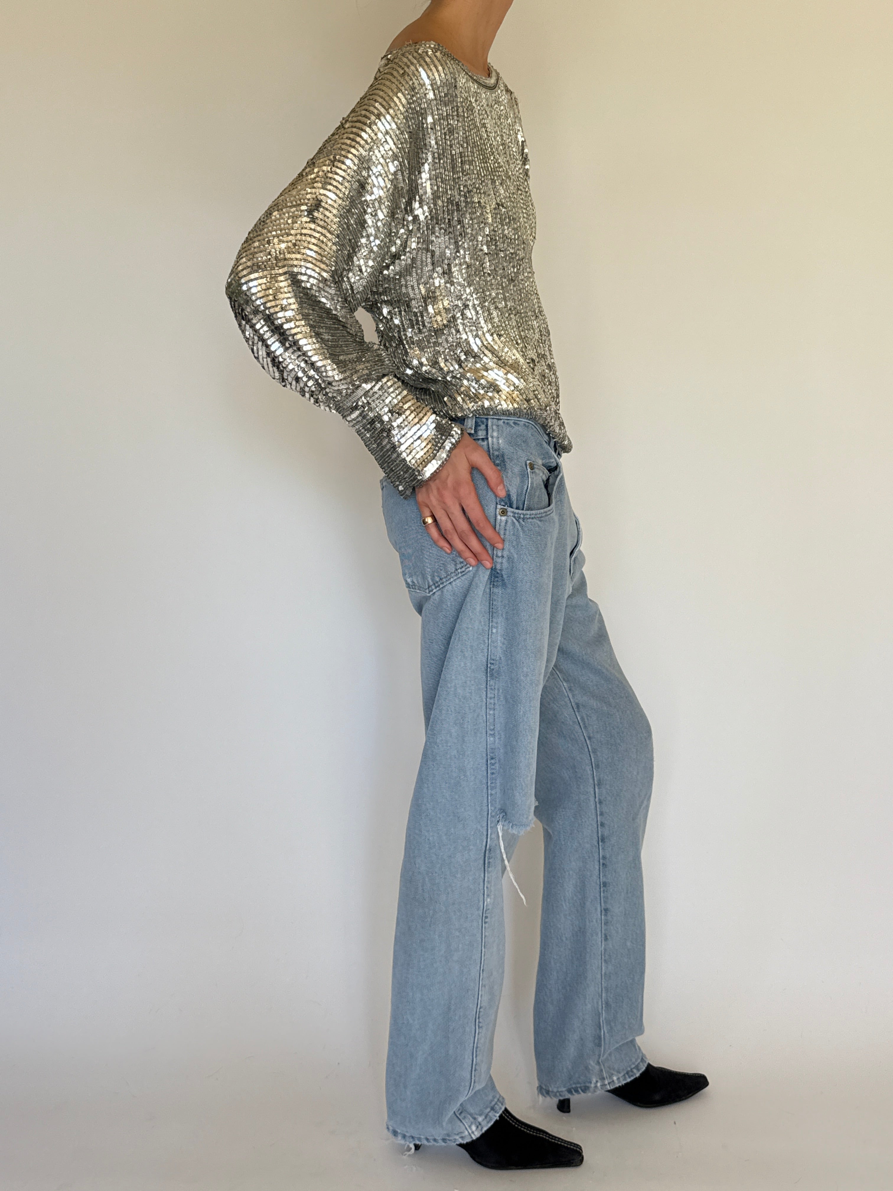 Vintage silver sequin long sleeve top side view