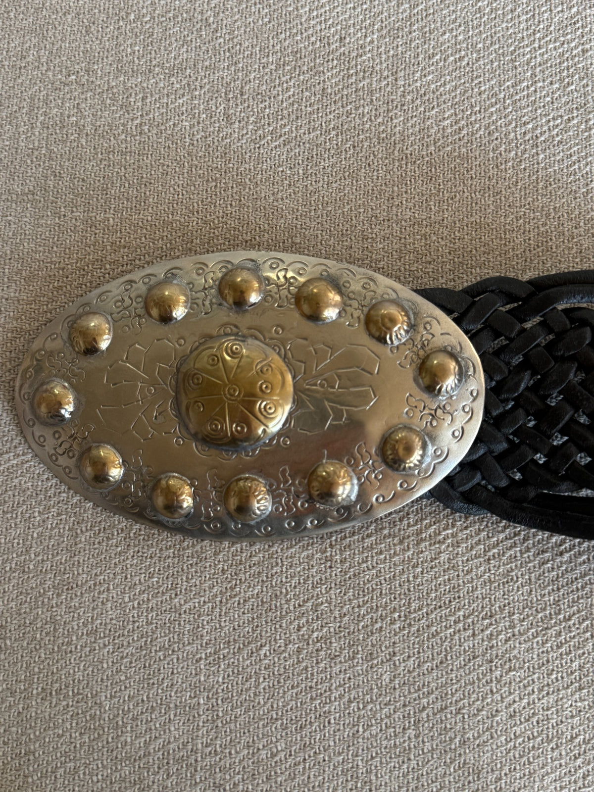 Vintage western statement buckle belt black braided leather oval buckle view