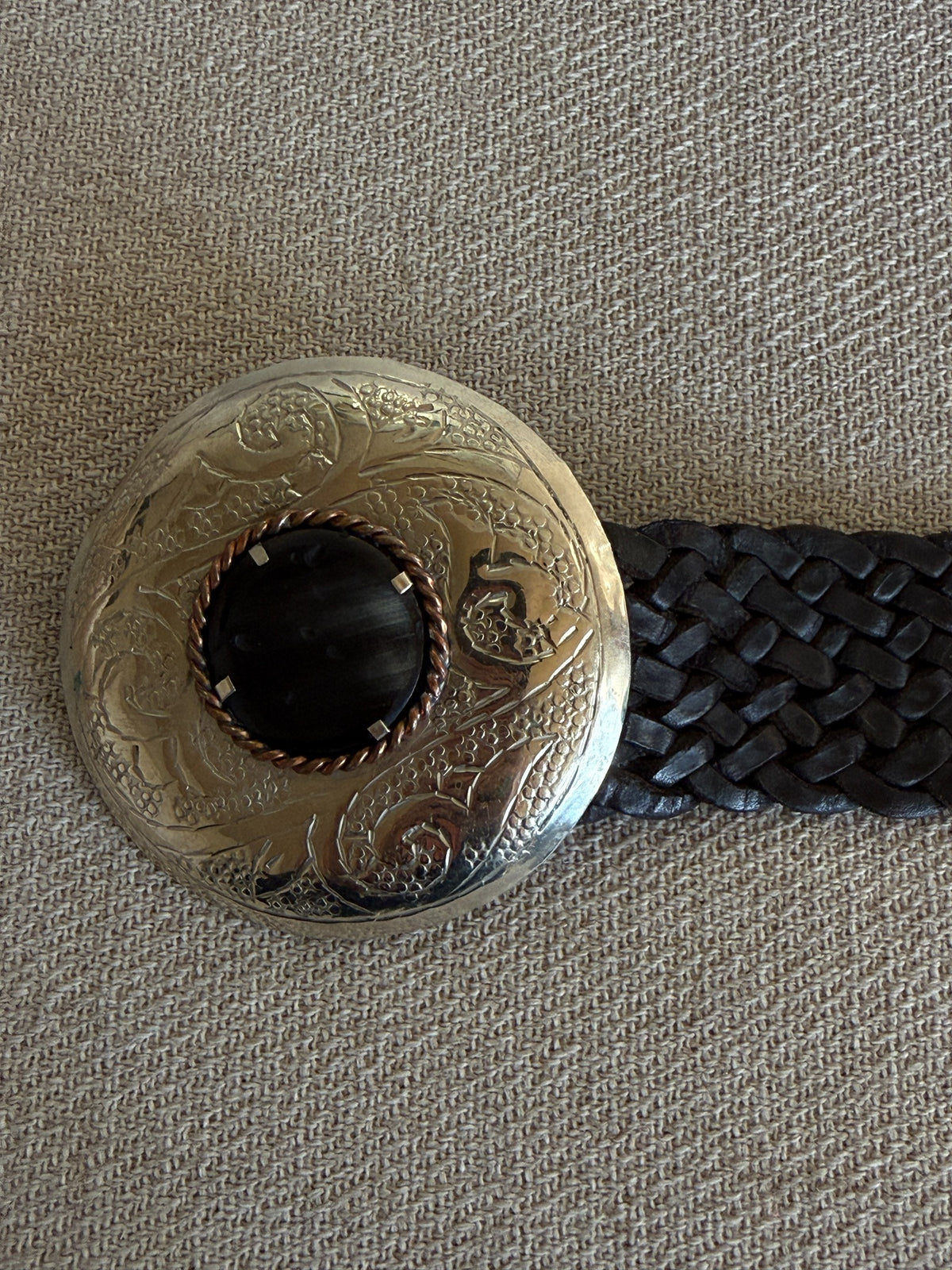 Vintage Western braided leather statement belt black engraved buckle detail