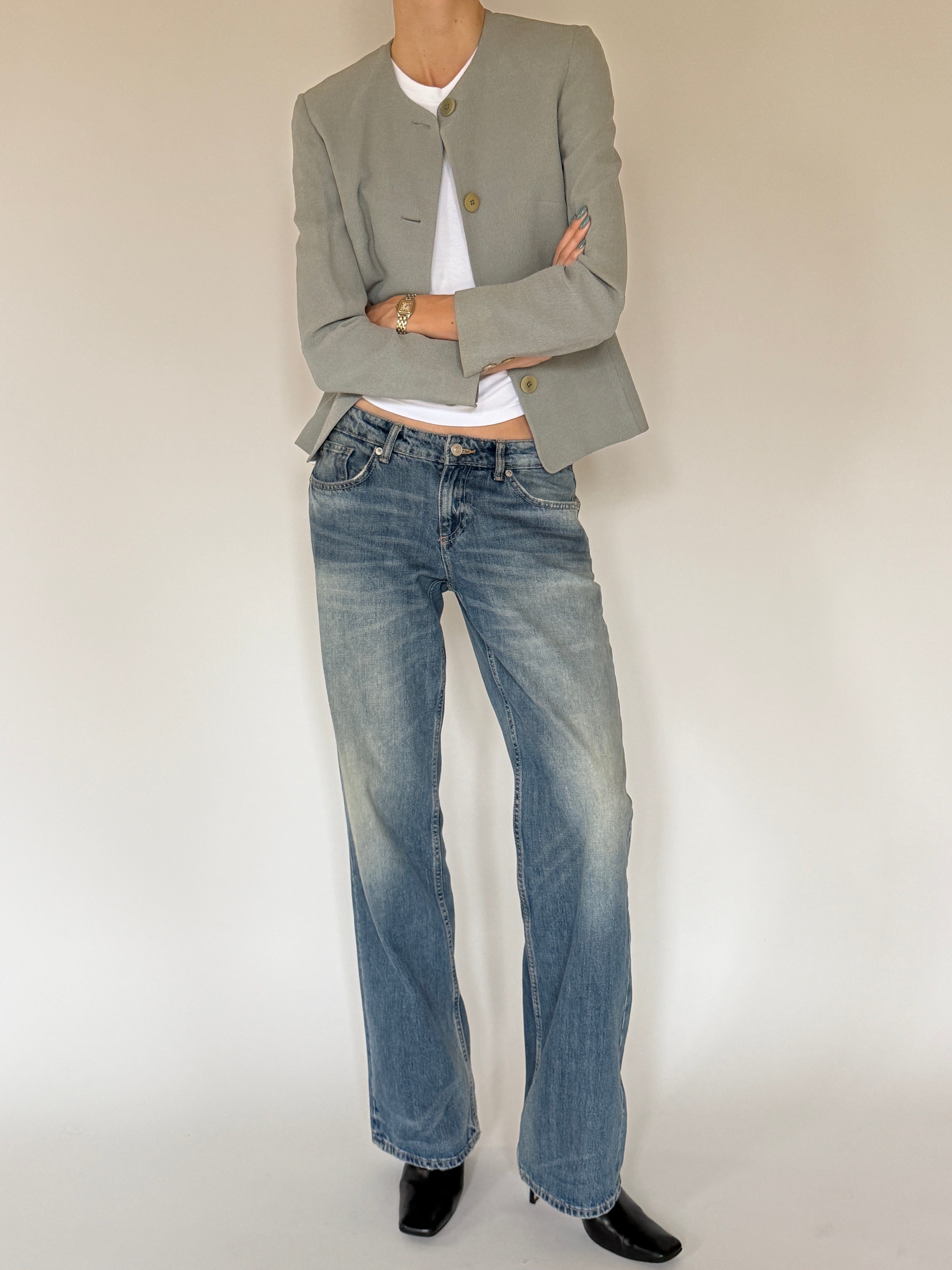 Vintage sage green collarless jacket full view