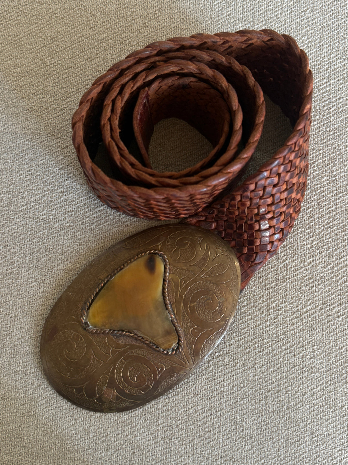 Vintage western braided leather belt brown buckle view