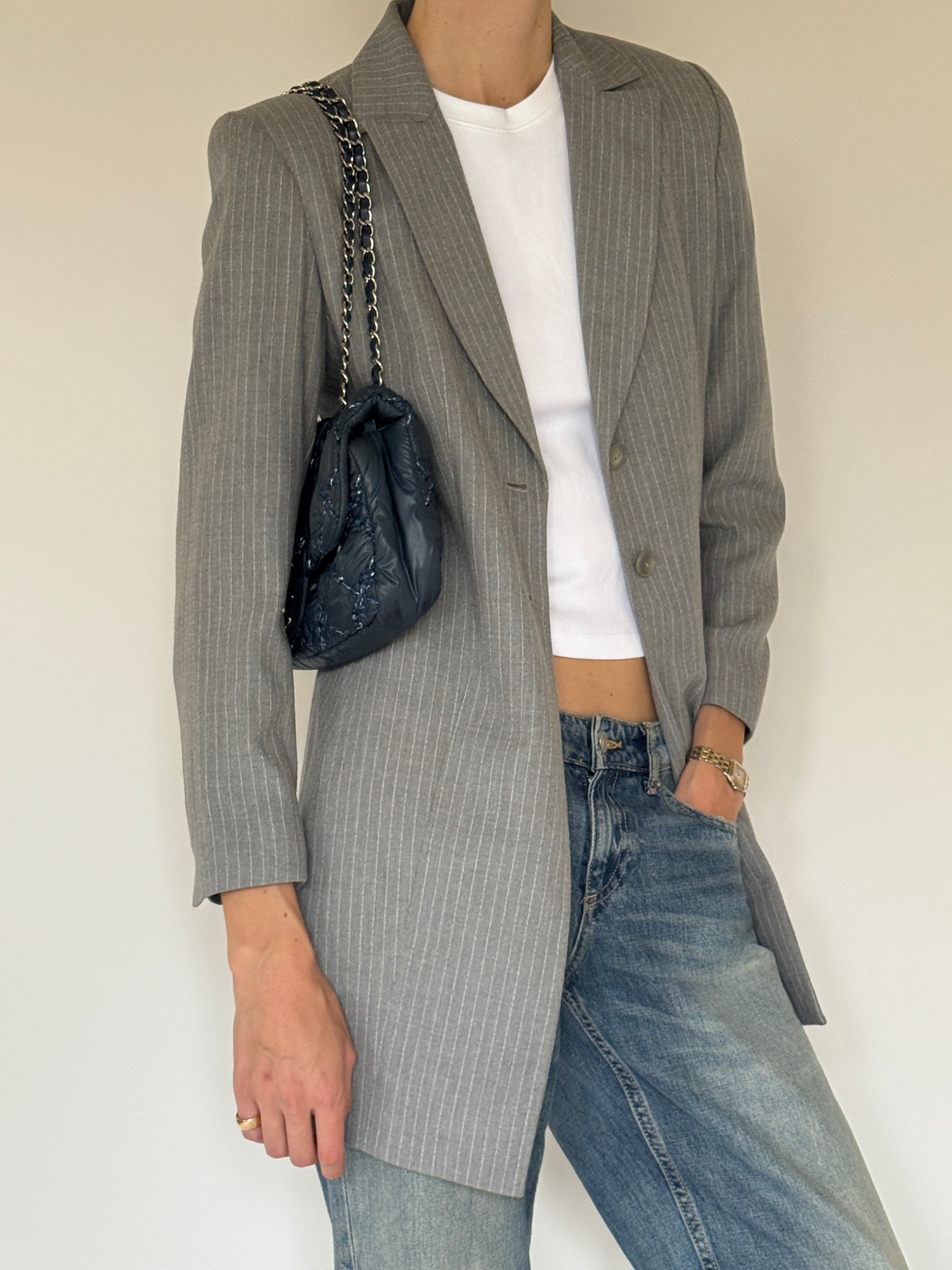 Vintage grey pinstripe longline blazer lapel detail