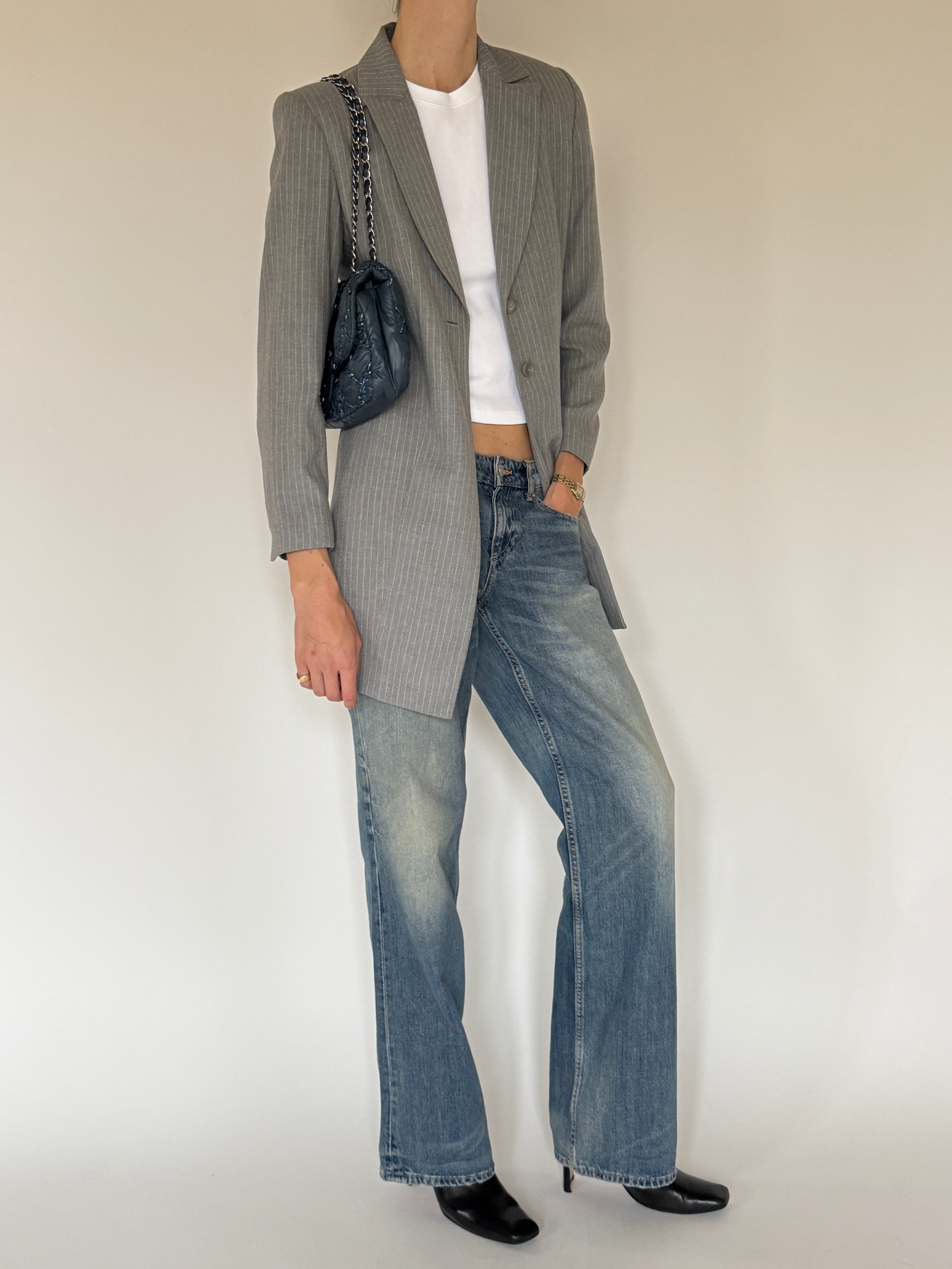 Vintage grey pinstripe longline blazer side view