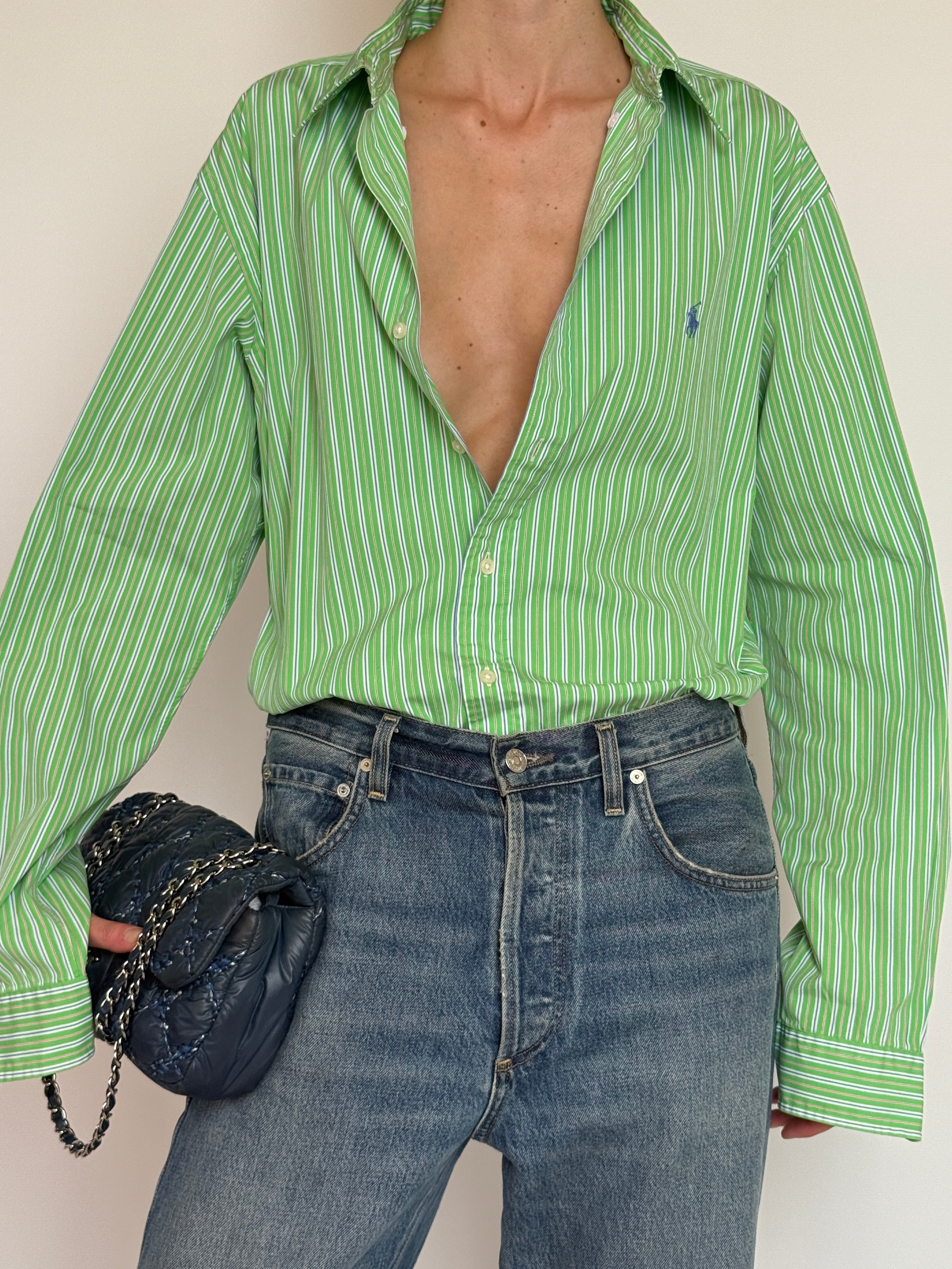 Vintage Ralph Lauren long sleeve shirt featuring vertical green and white stripes