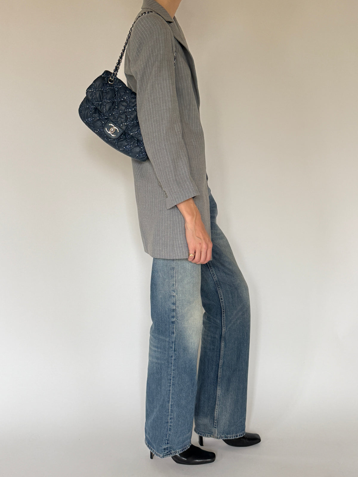 Vintage grey pinstripe longline blazer side view