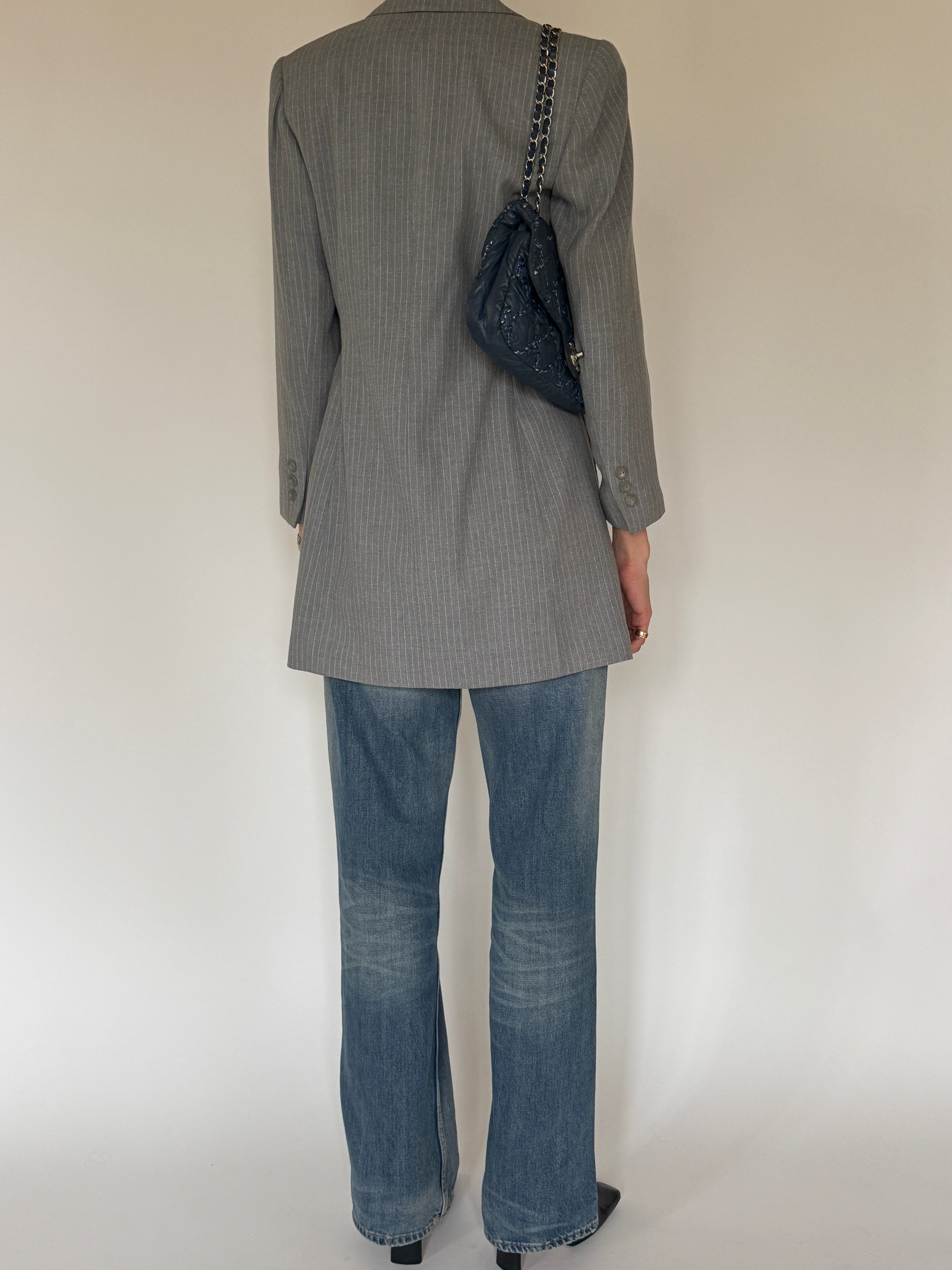 Vintage grey pinstripe longline blazer back view