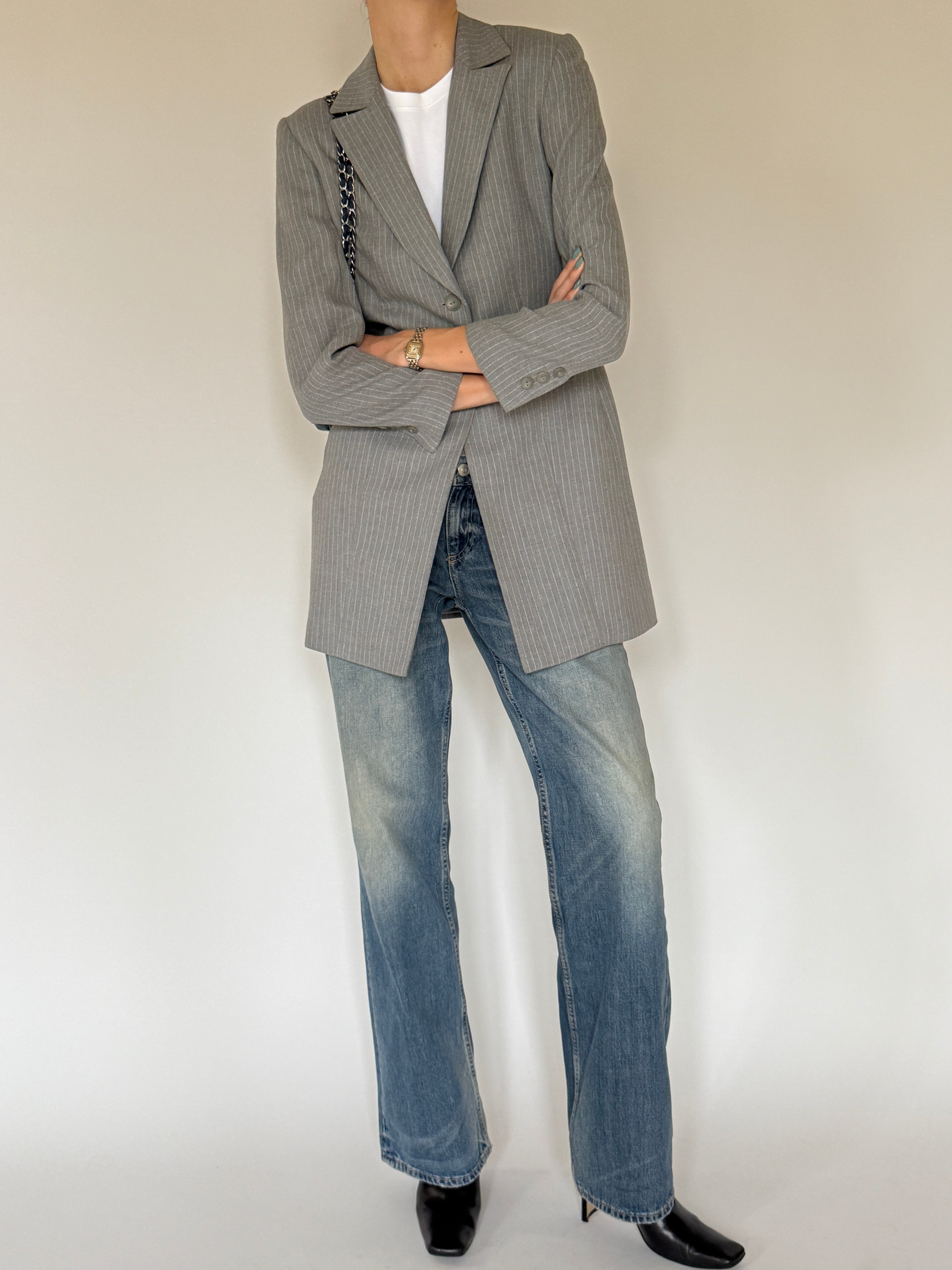 Vintage grey pinstripe longline blazer front view