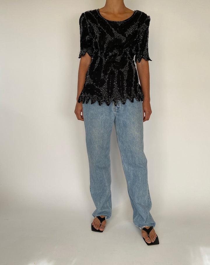 VINTAGE BLACK BEADED SHORT SLEEVE TOP 2286