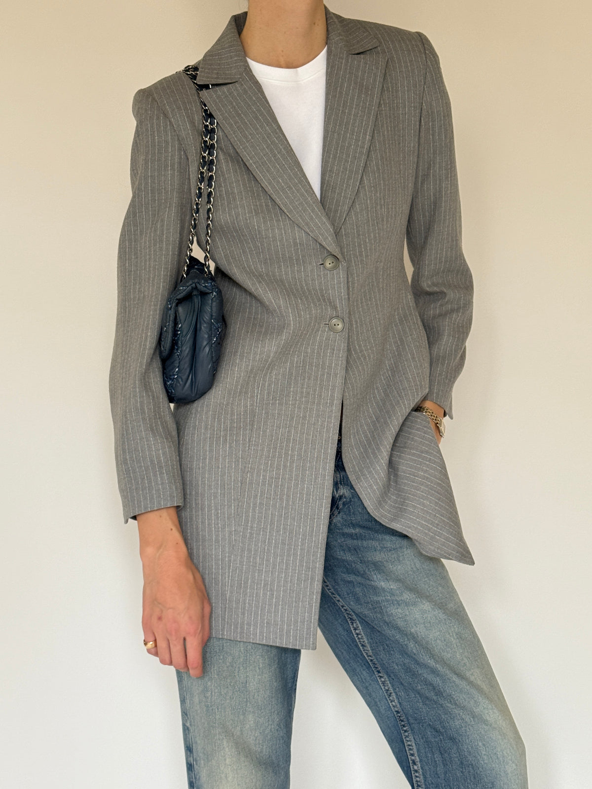 Vintage grey pinstripe longline blazer button closure detail
