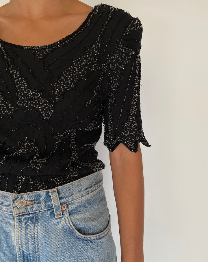 VINTAGE BLACK BEADED SHORT SLEEVE TOP 2286