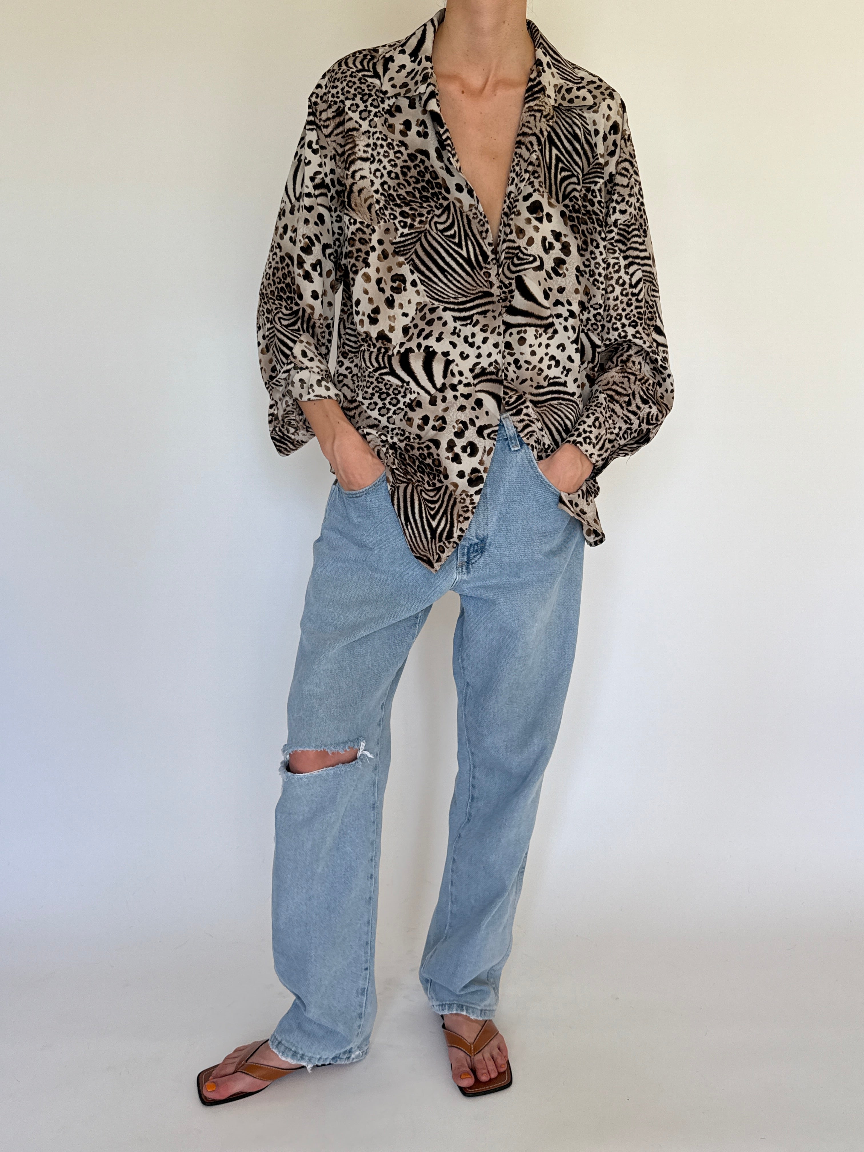 Vintage oversized animal print blouse neutral front view
