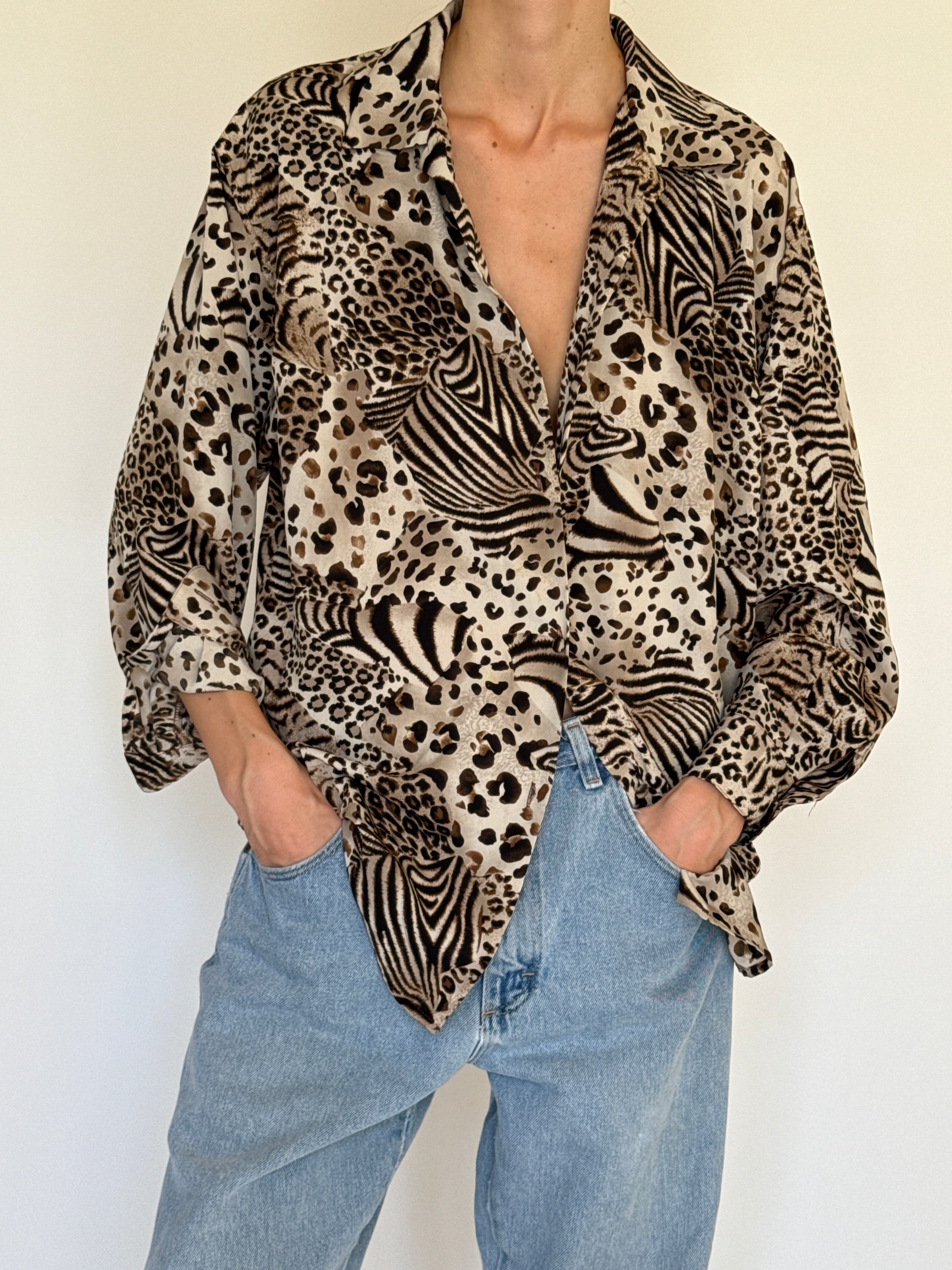 Vintage oversized animal print blouse neutral front view