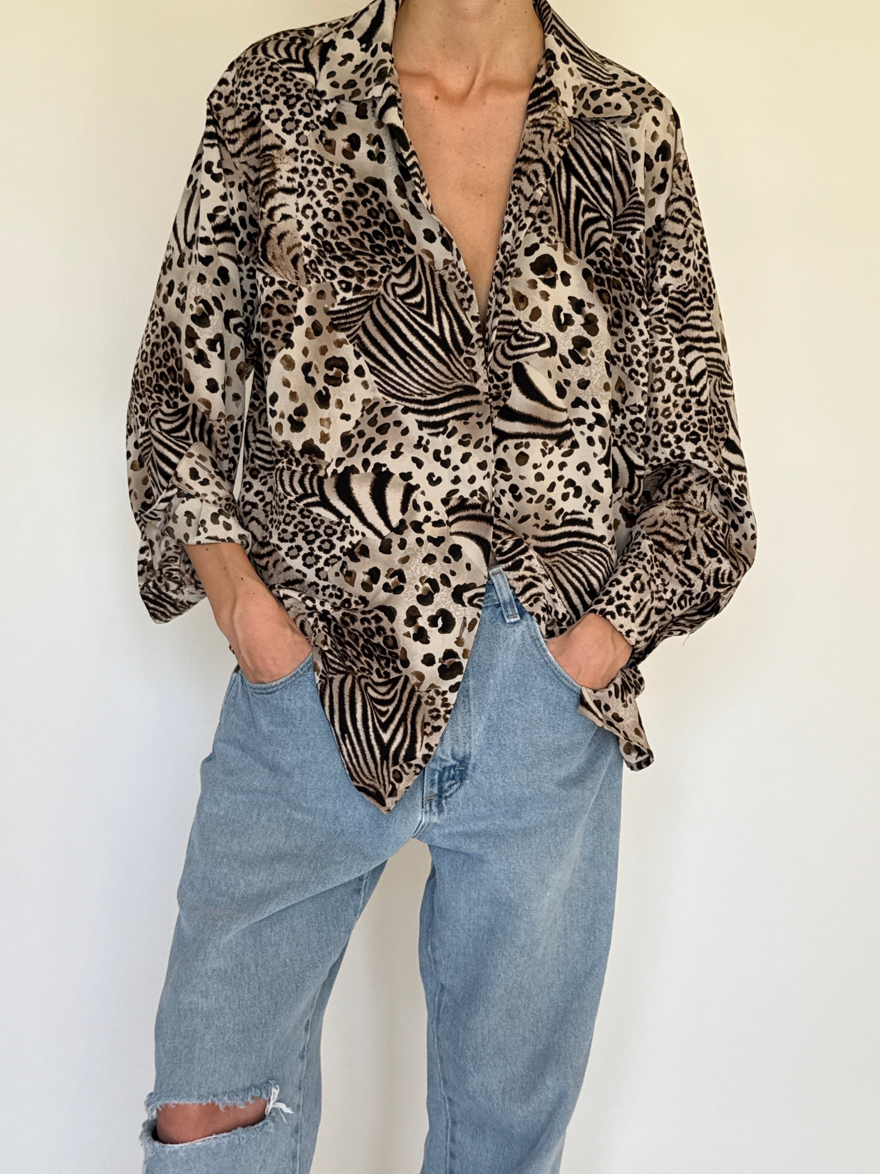 Vintage oversized animal print blouse neutral front view
