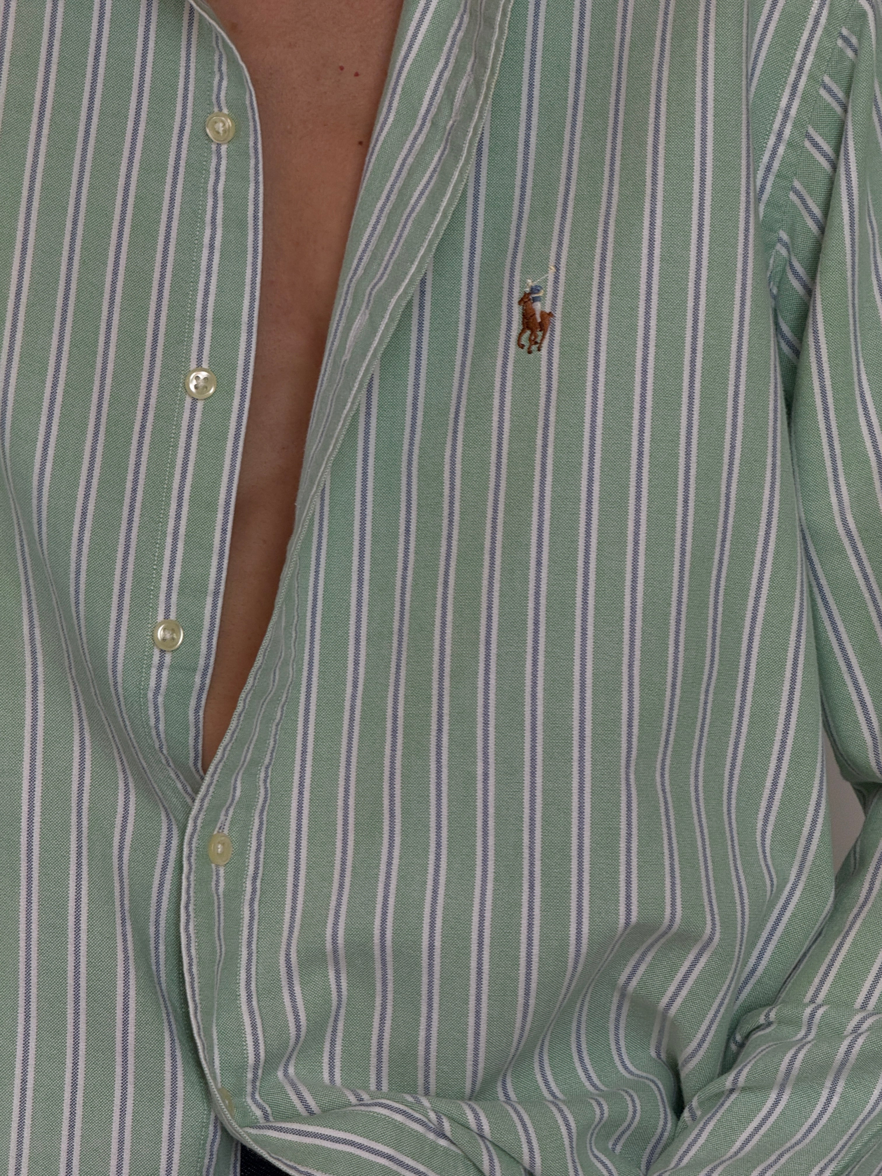 Vintage cotton button-up shirt with vertical stripe pattern green logo detail