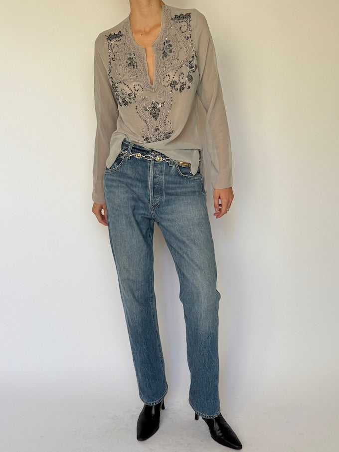 Vintage Sheer Embellished Blouse in Soft Grey 6622