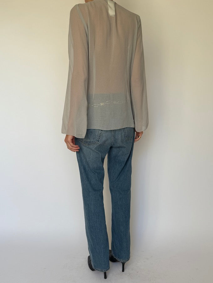 Vintage Sheer Embellished Blouse in Soft Grey 6622