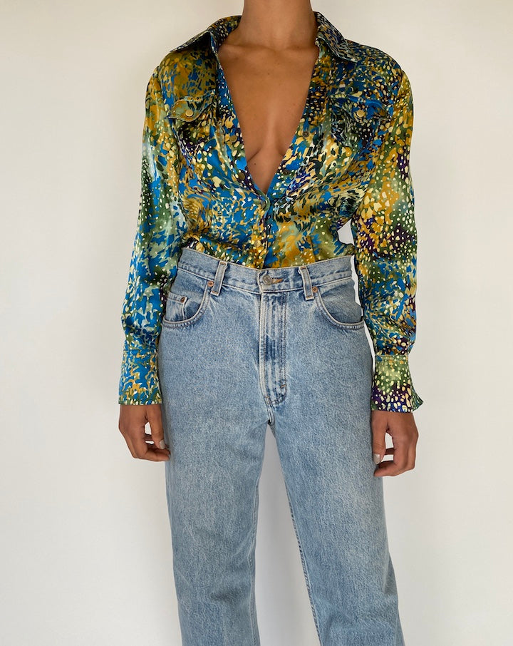 VINTAGE GREEN PATTERNED SILK BLOUSE 2297