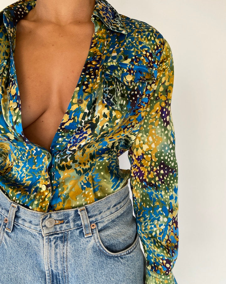 VINTAGE GREEN PATTERNED SILK BLOUSE 2297