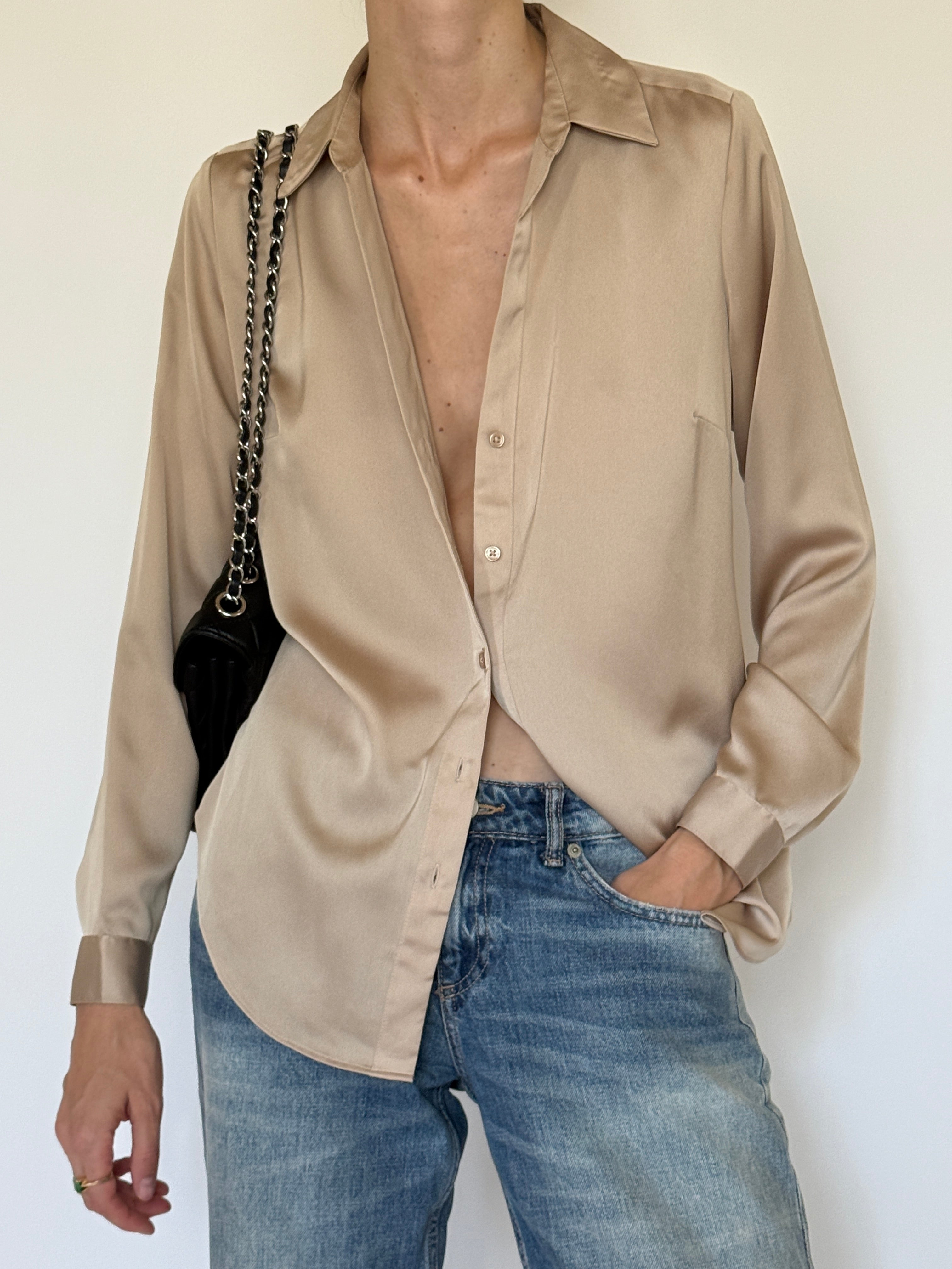 Vintage champagne button-up shirt front view