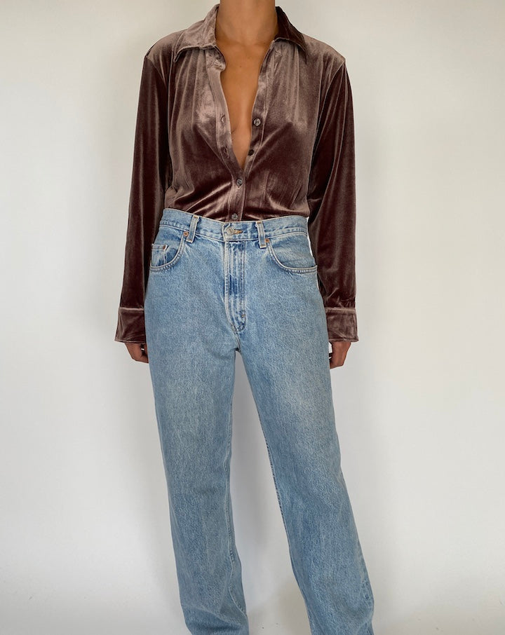 VINTAGE BROWN VELVET BUTTON DOWN SHIRT 2299