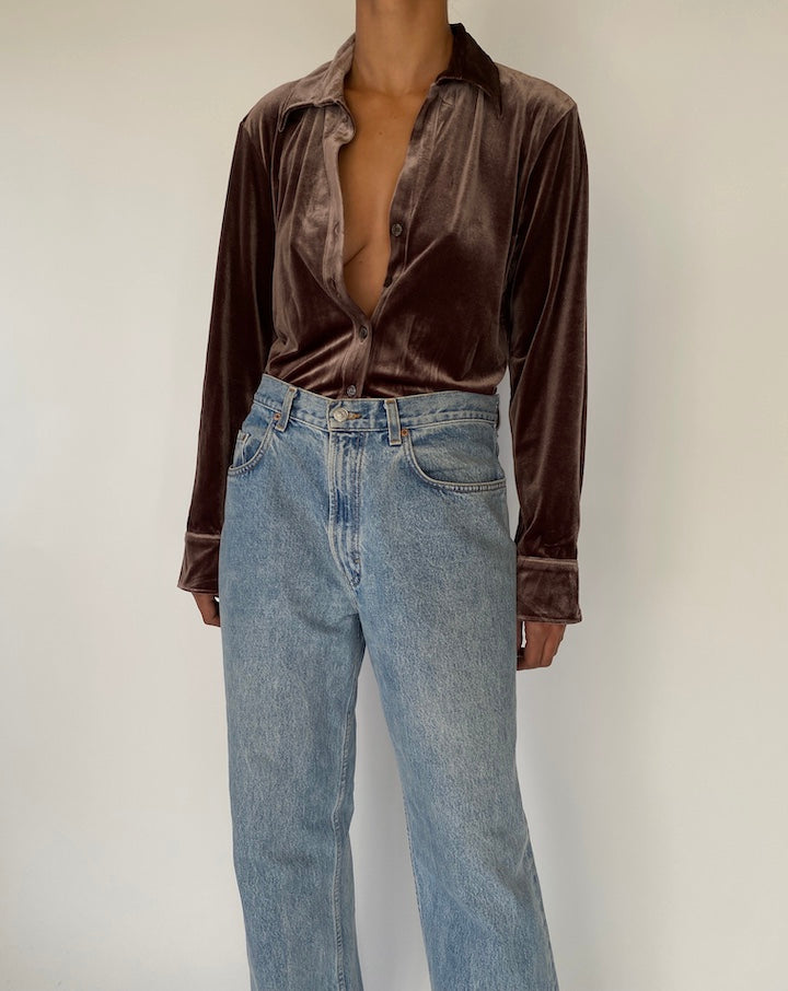 VINTAGE BROWN VELVET BUTTON DOWN SHIRT 2299