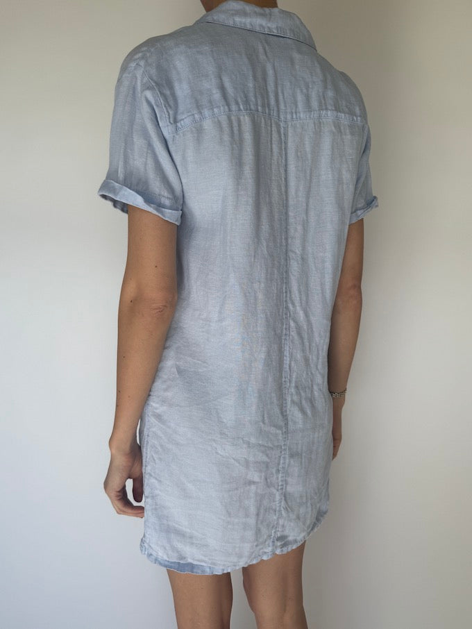 Vintage Short-Sleeve Linen Dress Light Blue 5941