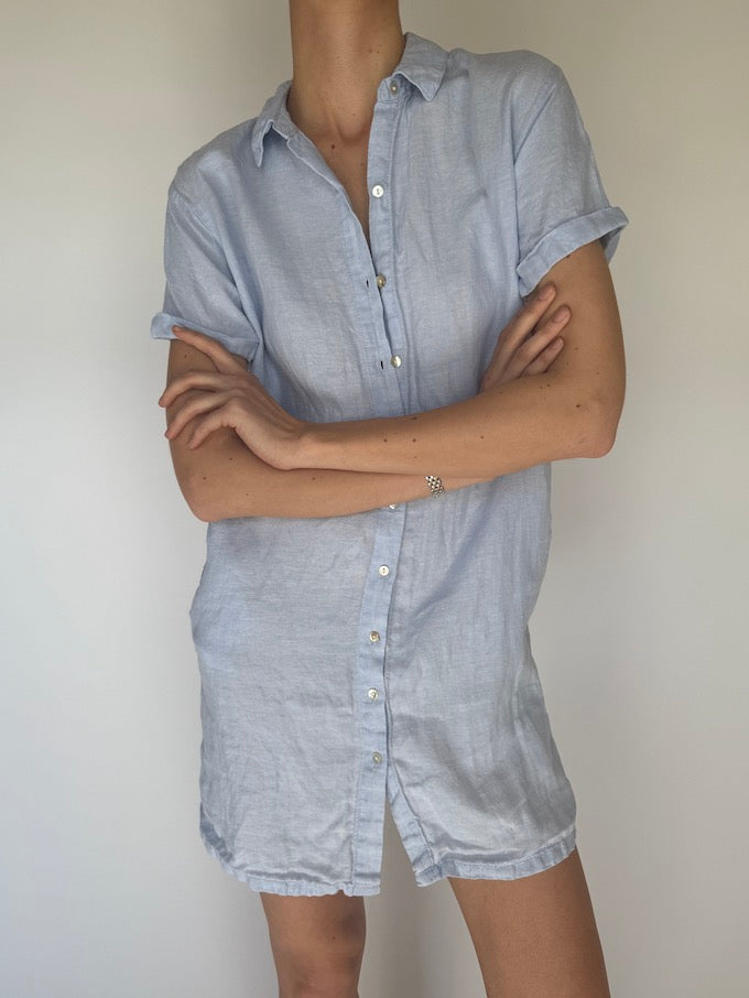Vintage Short-Sleeve Linen Dress Light Blue 5941