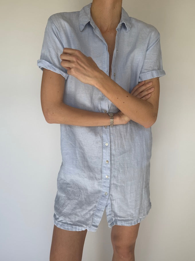 Vintage Short-Sleeve Linen Dress Light Blue 5941