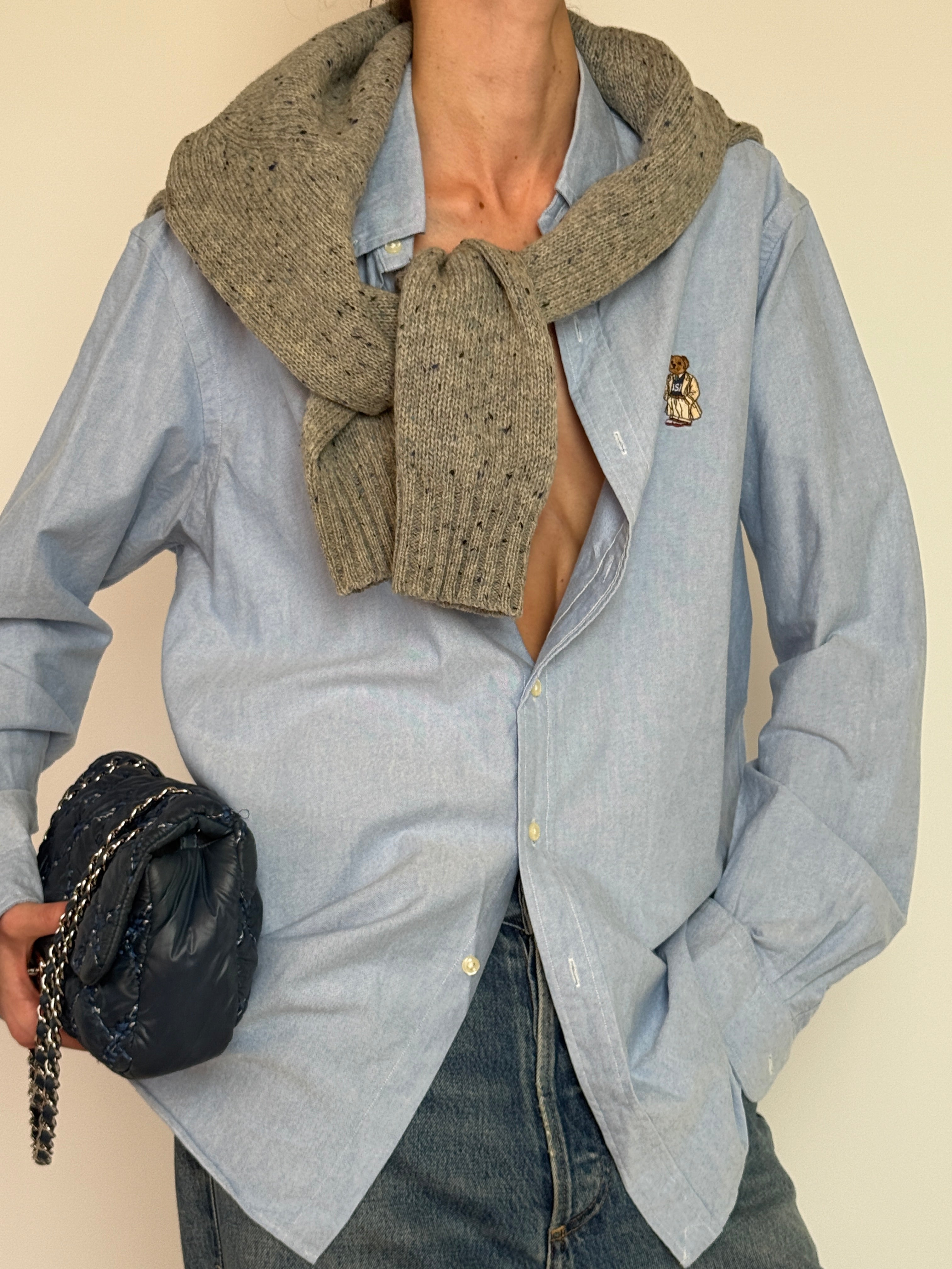 Vintage Ralph Lauren light blue shirt fabric close-up