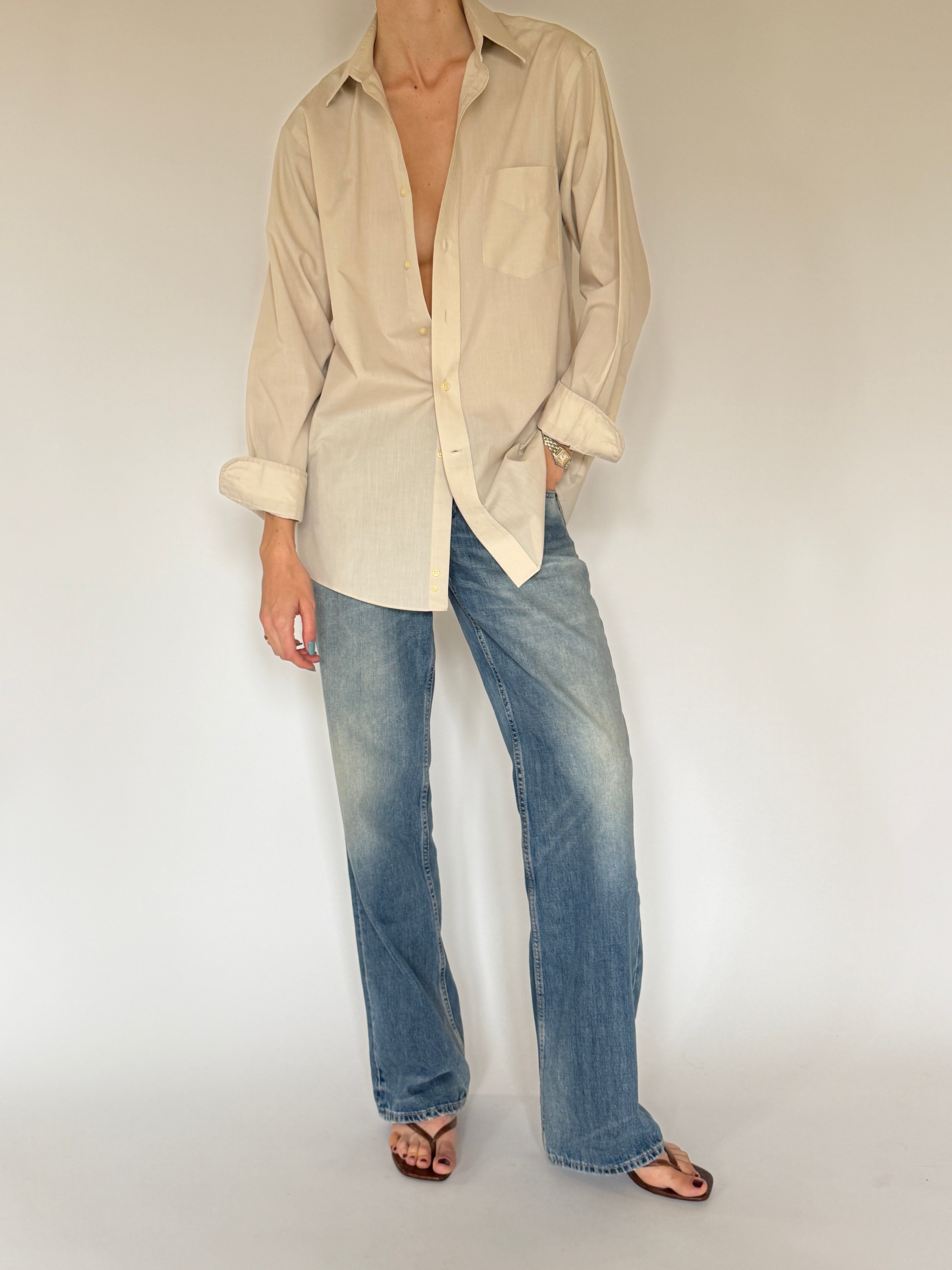 Vintage oversized beige button up shirt full body view
