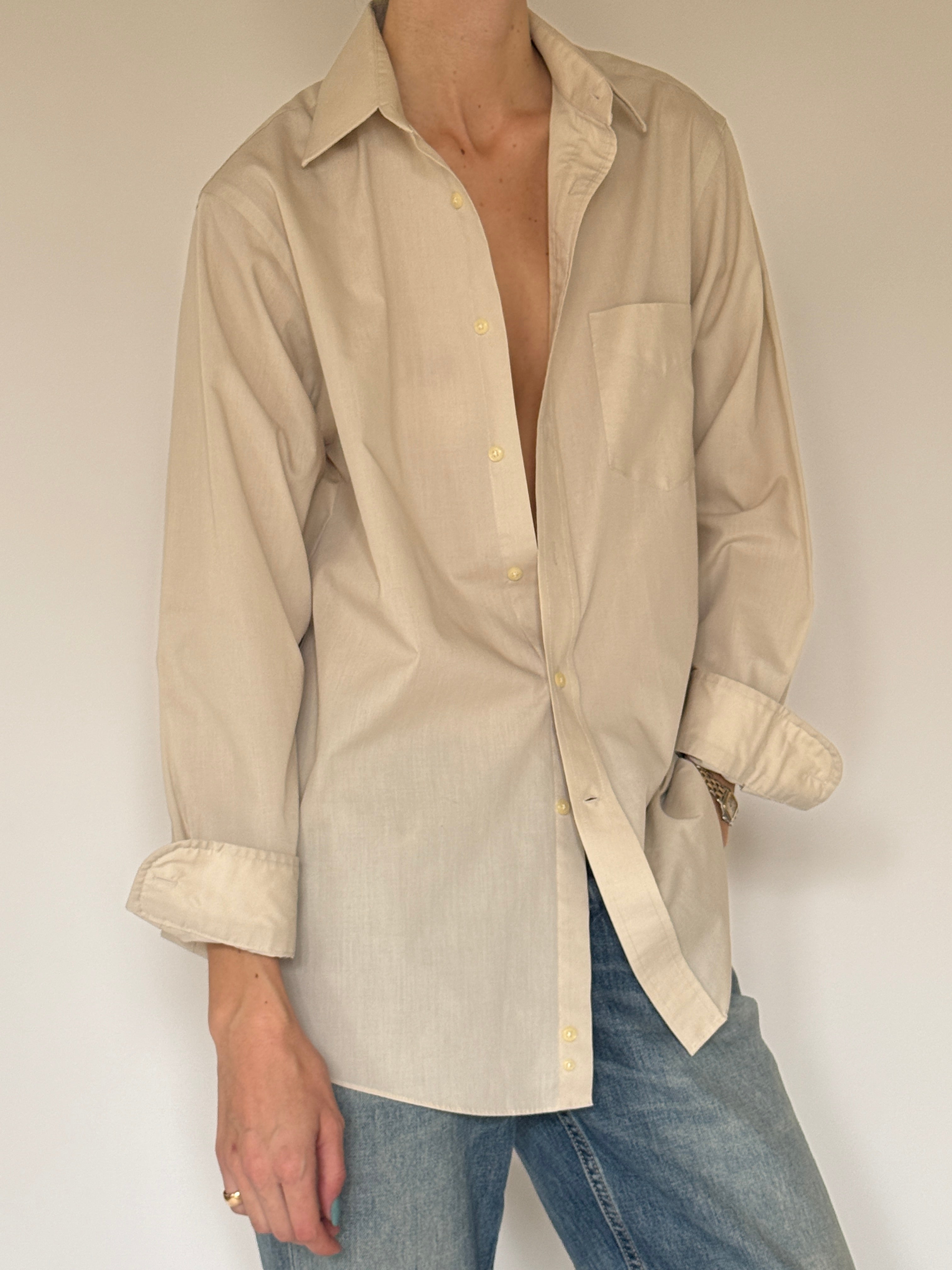 Vintage oversized beige button up shirt sleeve cuff detail