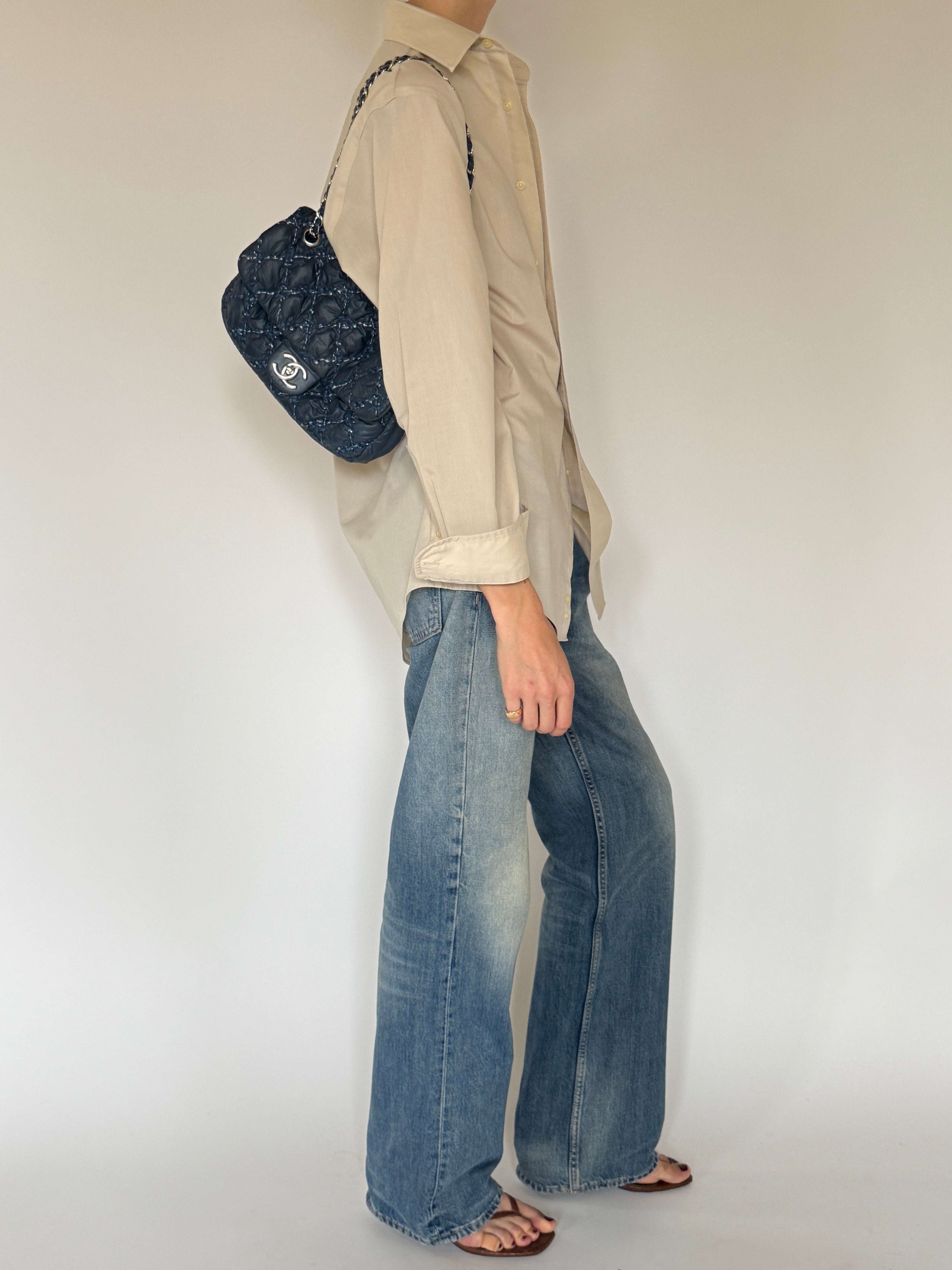 Vintage oversized beige button up shirt side view