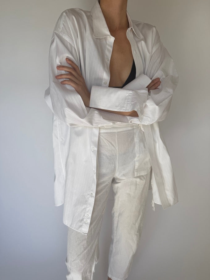 Vintage Oversized Faded Pinstripe Shirt White 5934