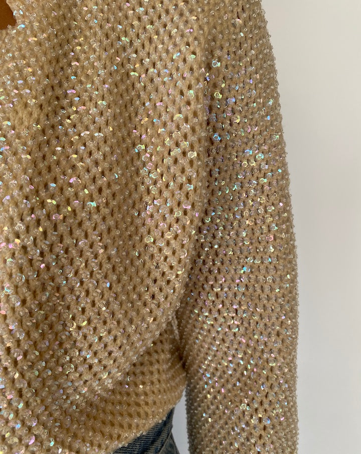 VINTAGE SEQUIN LIGHT BEIGE CARDIGAN 2306