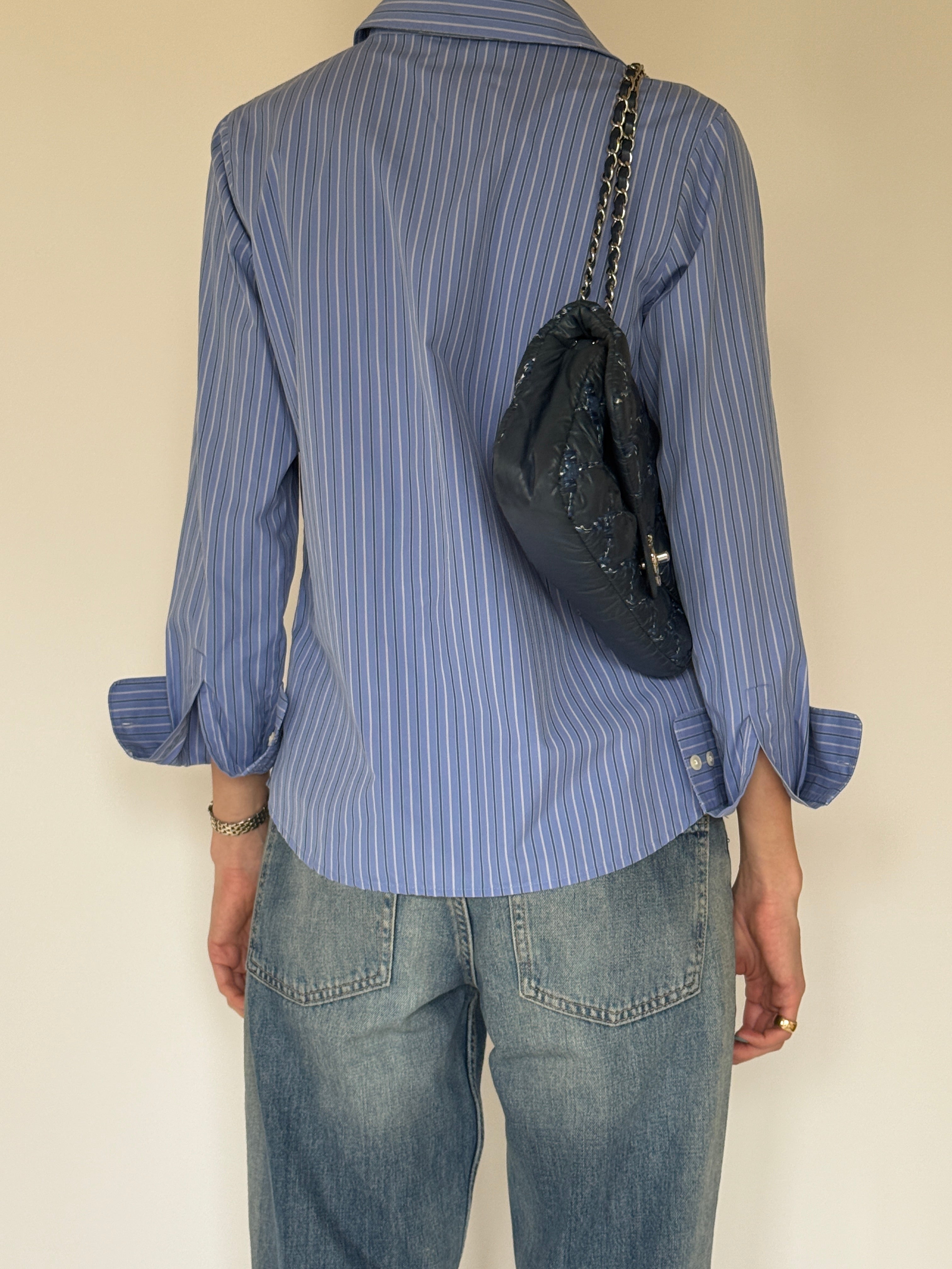 Vintage blue striped cotton button-up shirt back view