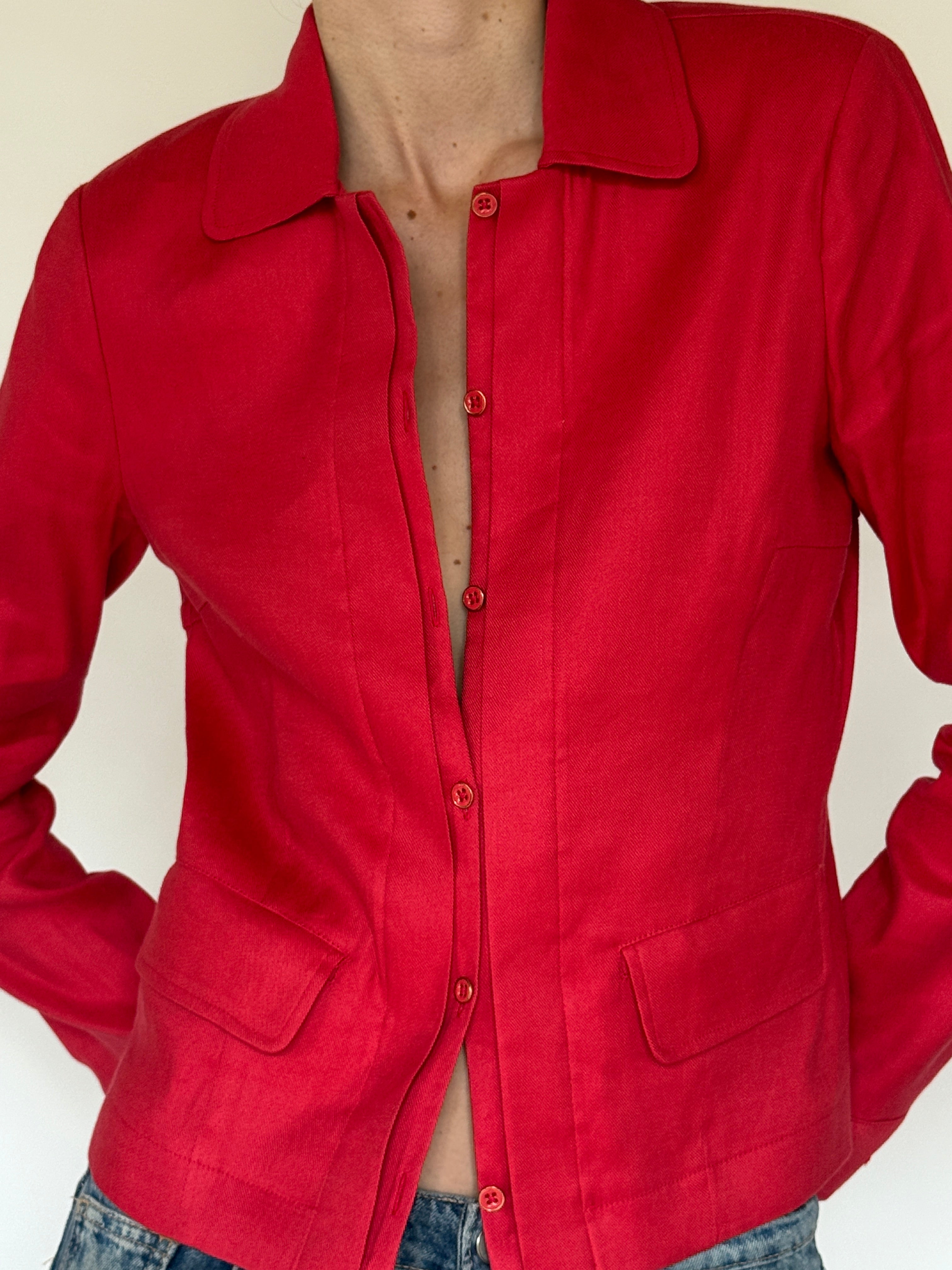 Vintage fitted red button-up shirt front view