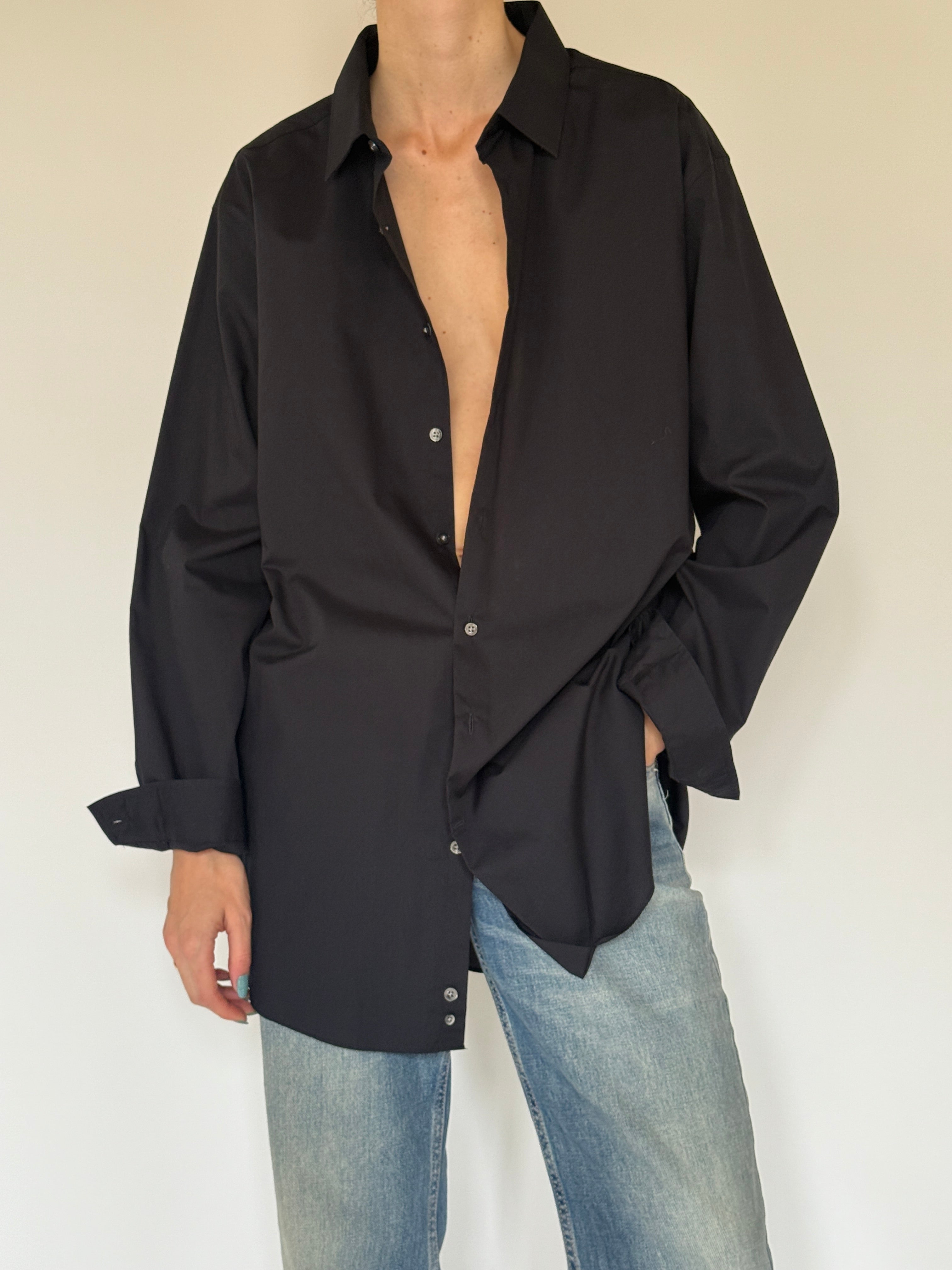 Vintage black oversized button-up shirt front view