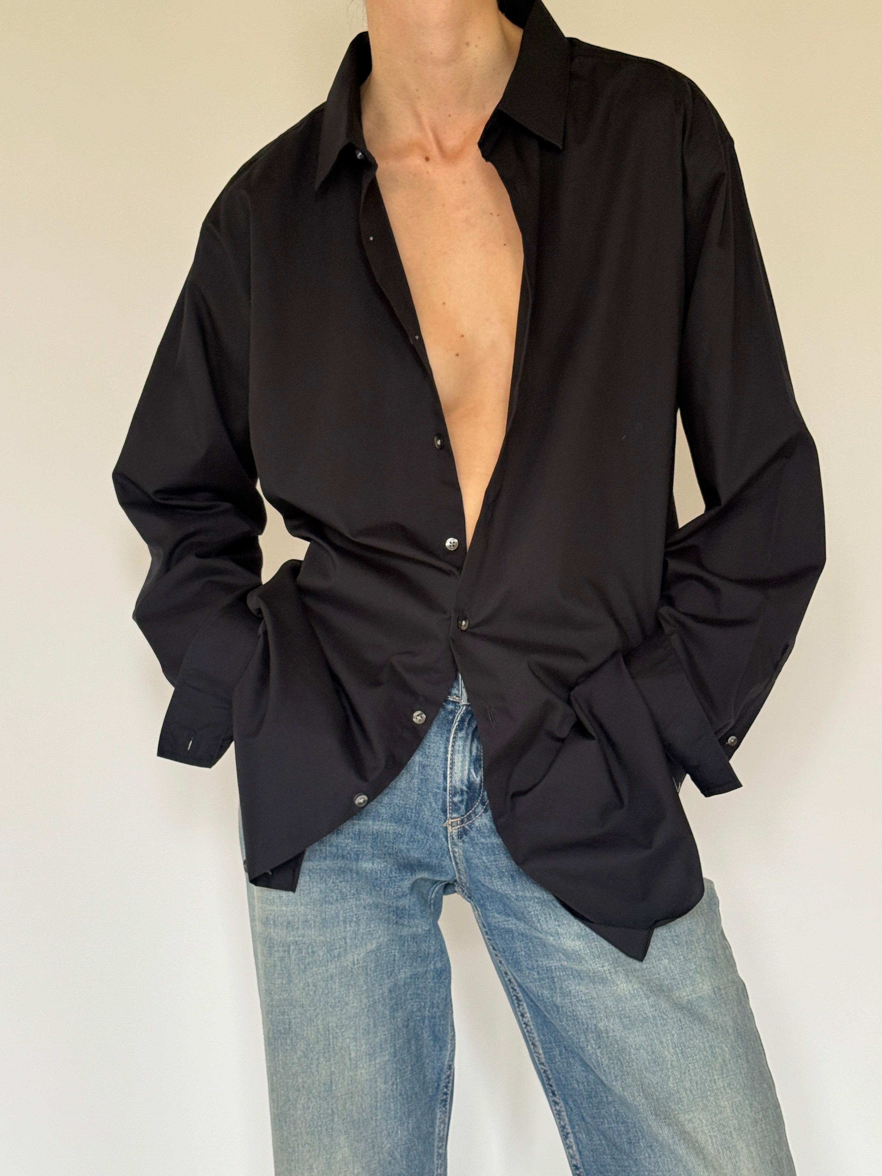 Vintage black oversized button-up shirt front view