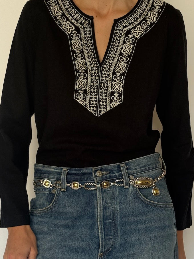 Vintage Bohemian Embroidered V-Neck Tunic black 6265