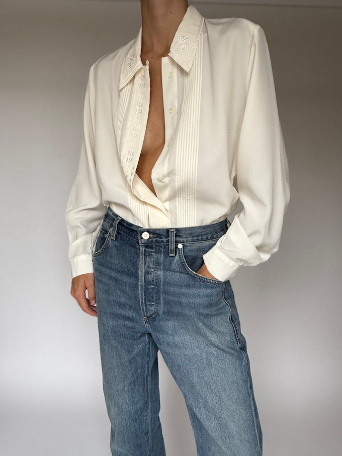 Vintage Cream Embroidered Blouse with Tuxedo Detailing 6395