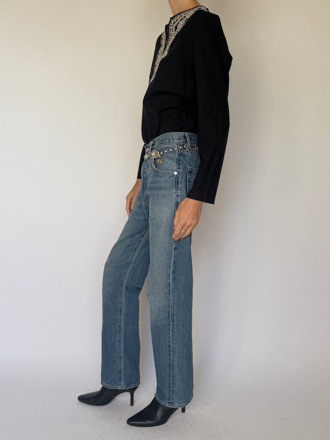 Vintage Bohemian Embroidered V-Neck Tunic black 6265