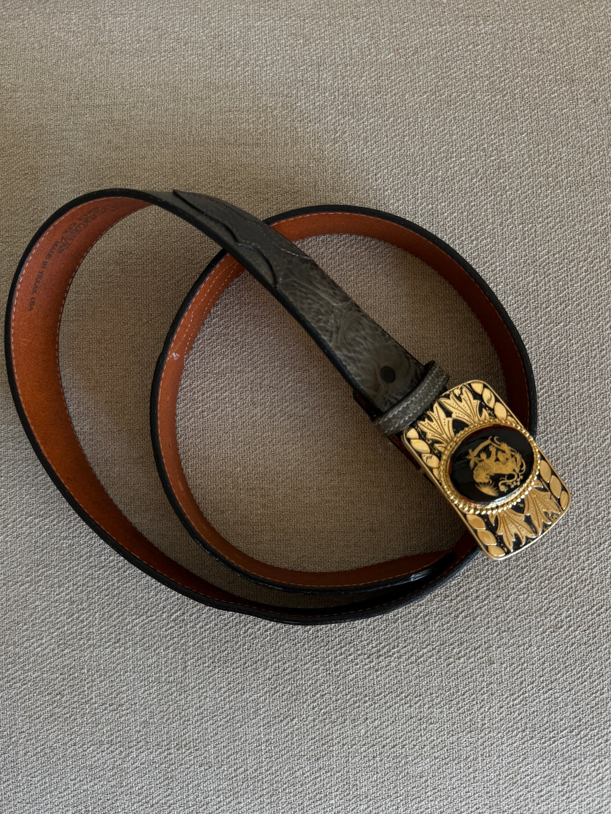 Vintage Statement Buckle Leather Belt Grey-Green