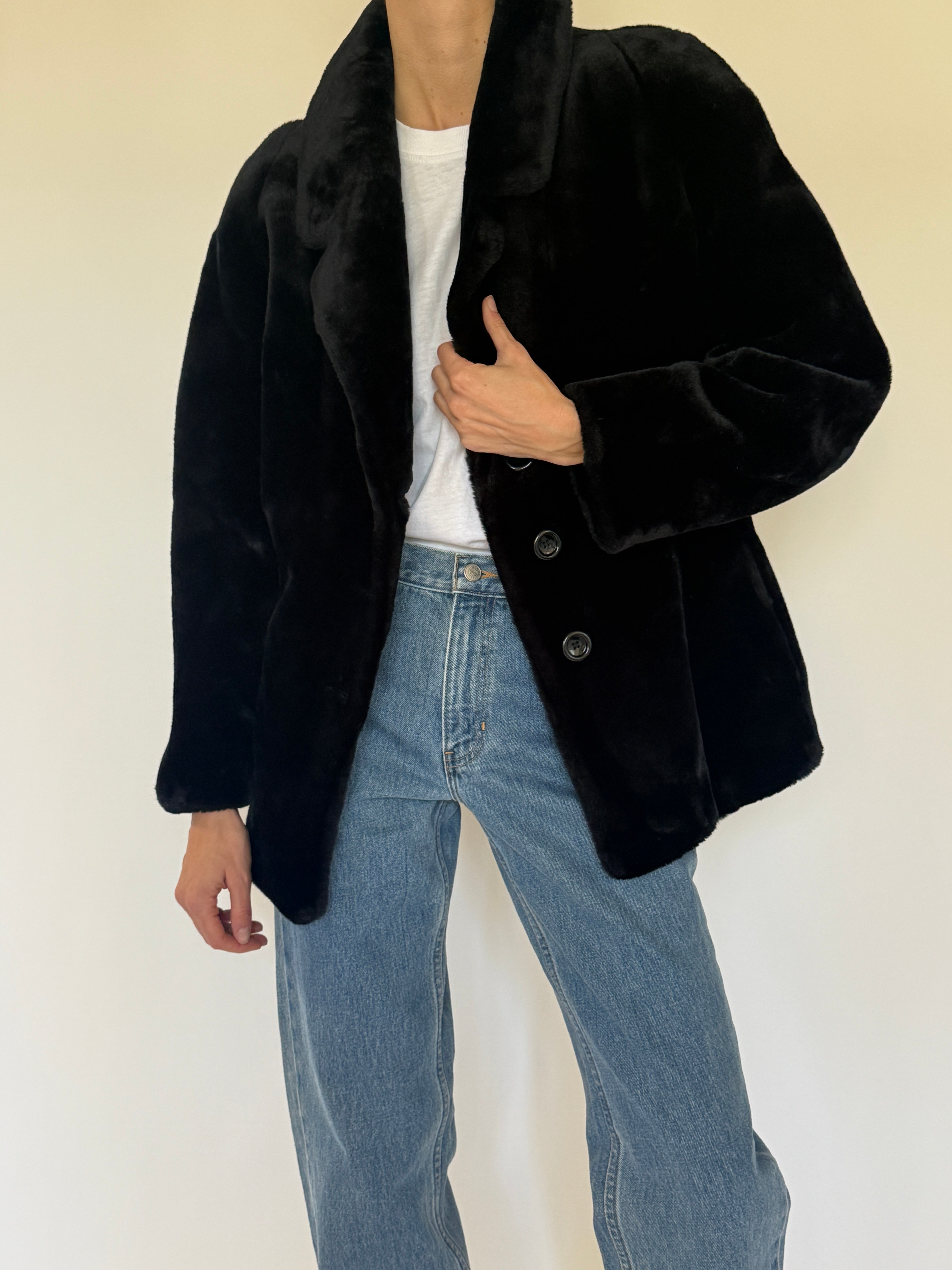 Vintage black faux fur coat front view