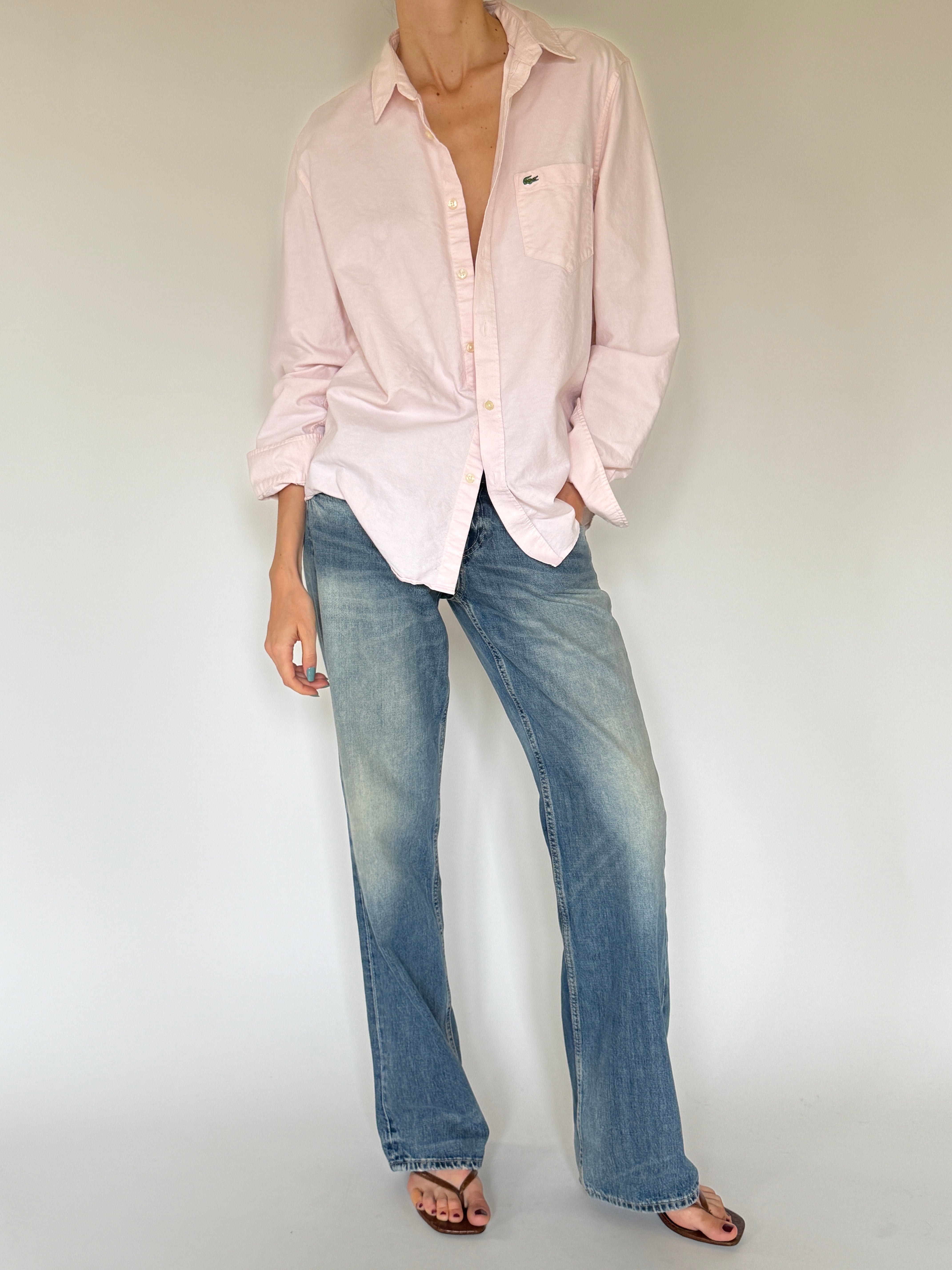 Vintage Lacoste oversized pink cotton button-up shirt front view