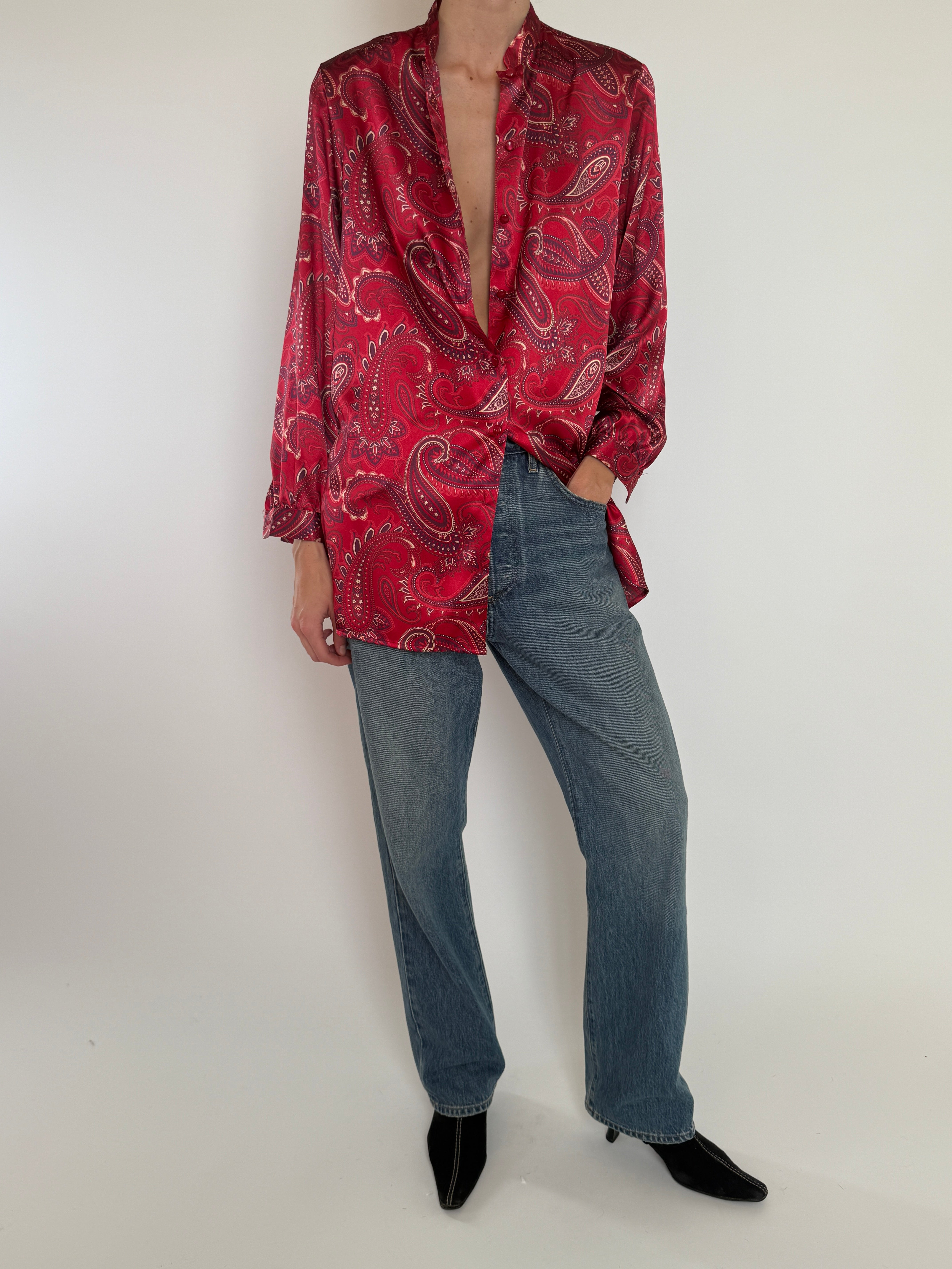 Vintage silk paisley blouse featuring button front in red