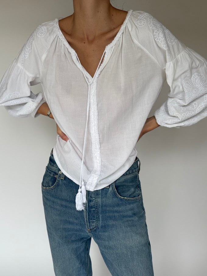 Vintage Bohemian Embroidered Blouse White